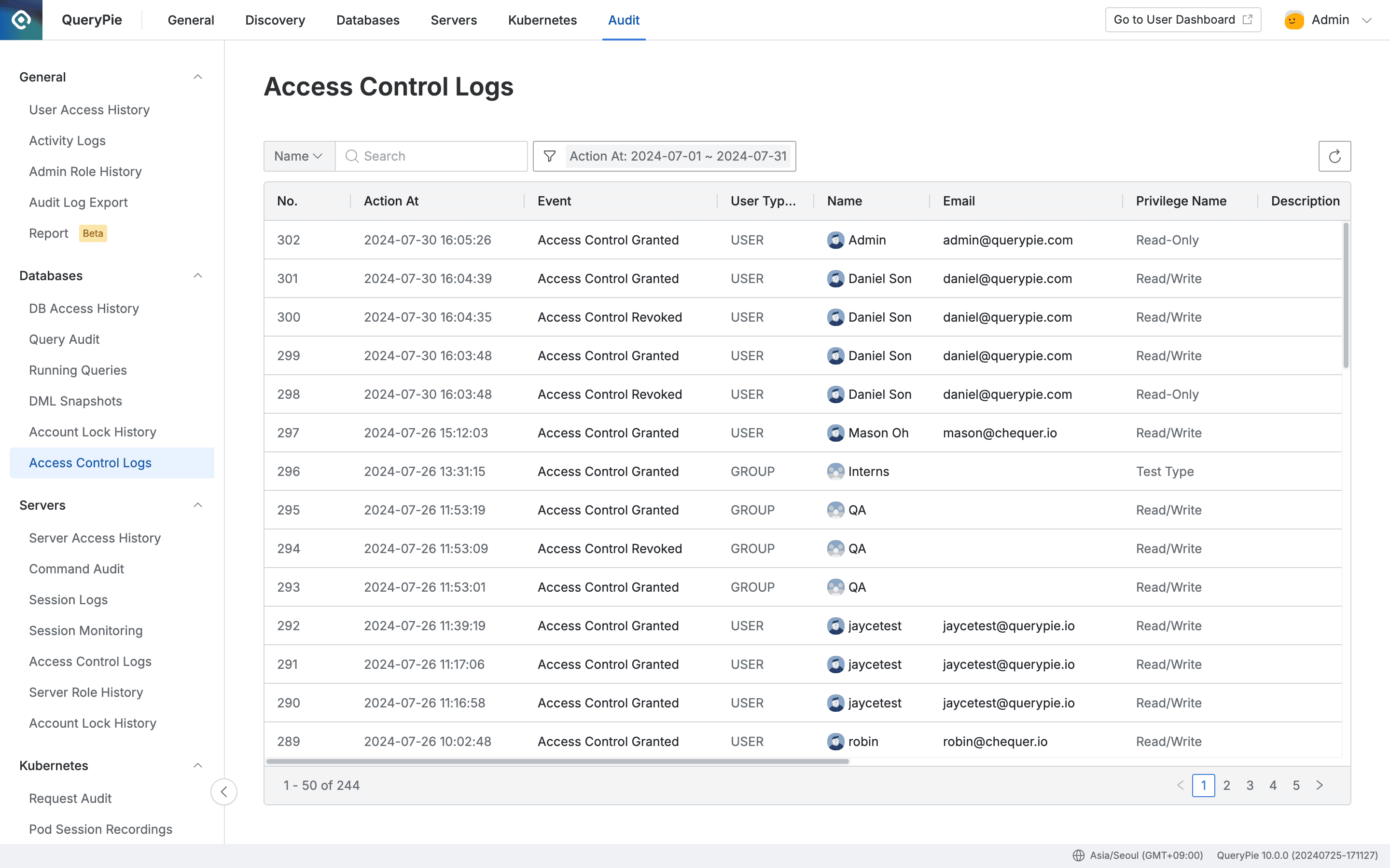 Administrator > Audit > Databases > Access Control Logs