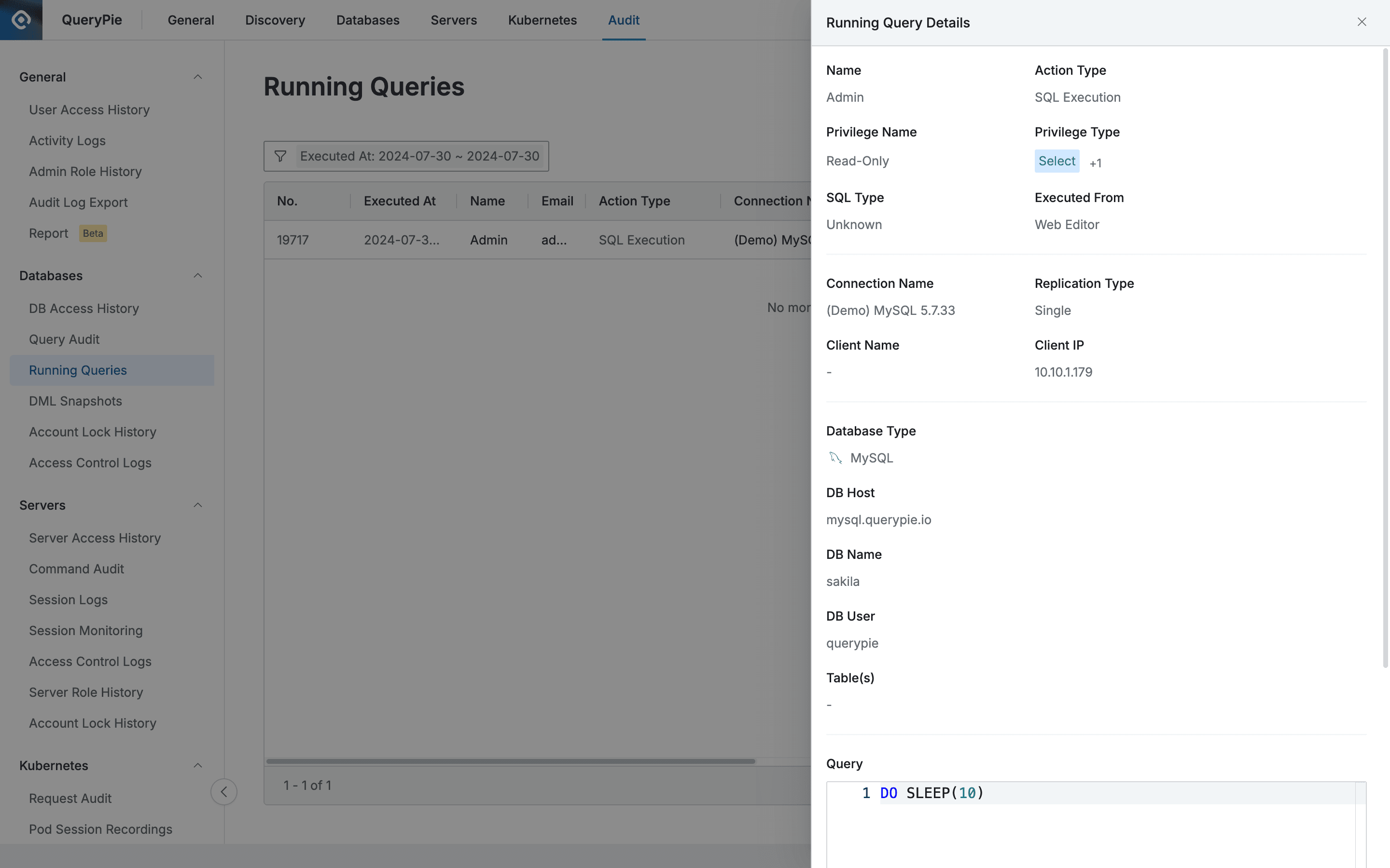 Administrator > Audit > Databases > Running Queries > Running Query Details
