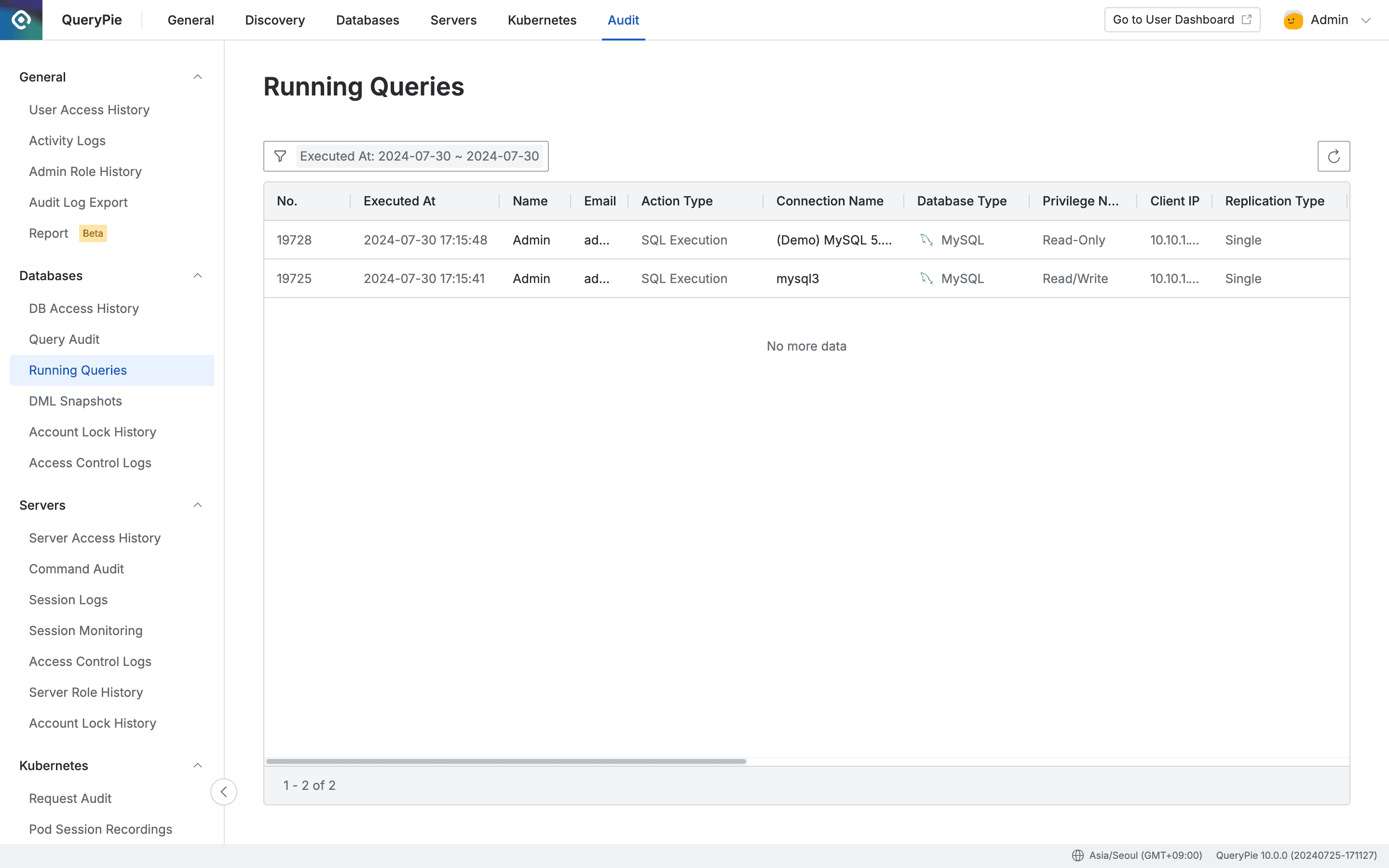 Administrator > Audit > Databases > Running Queries
