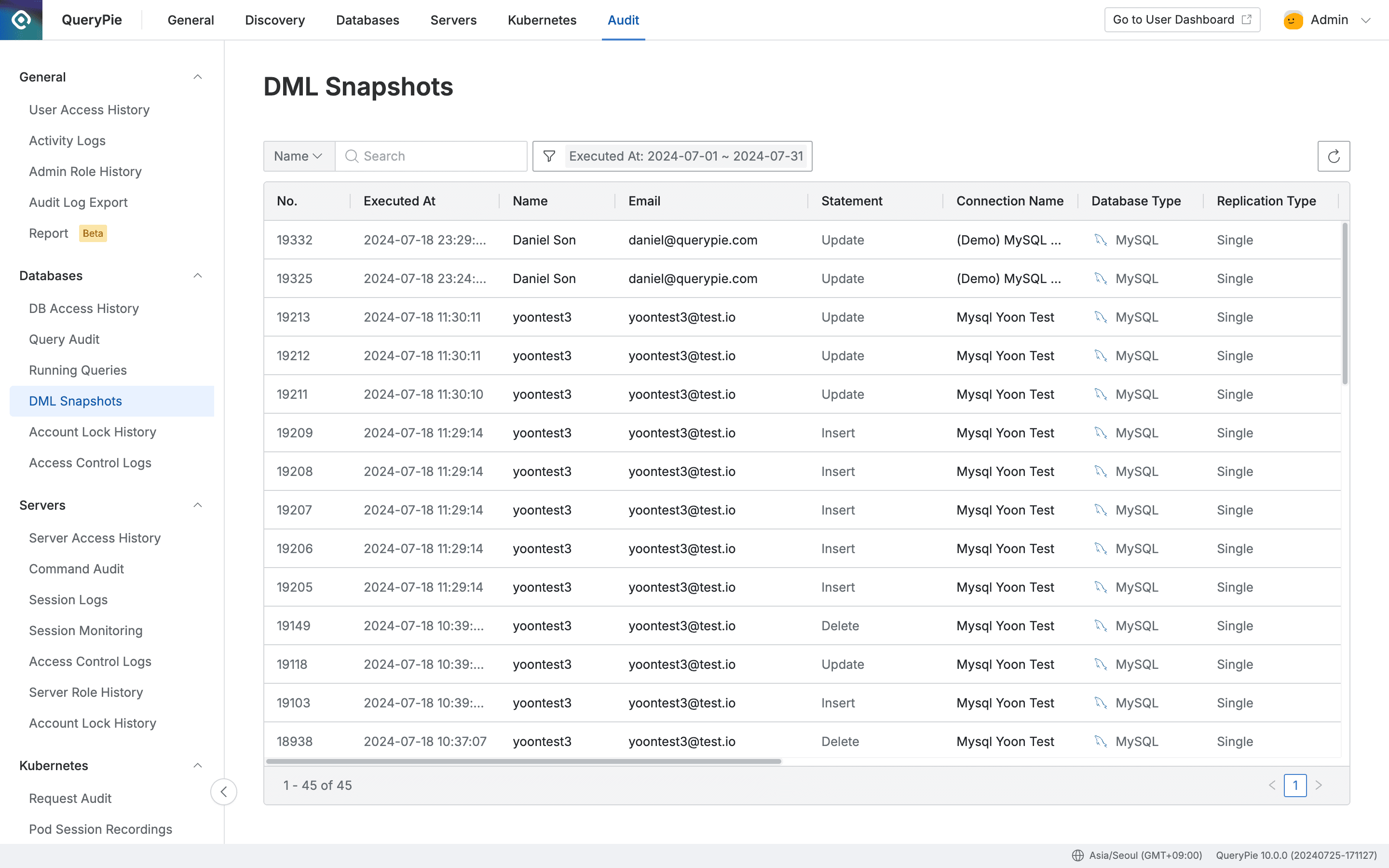 Administrator > Audit > Databases > DML Snapshots
