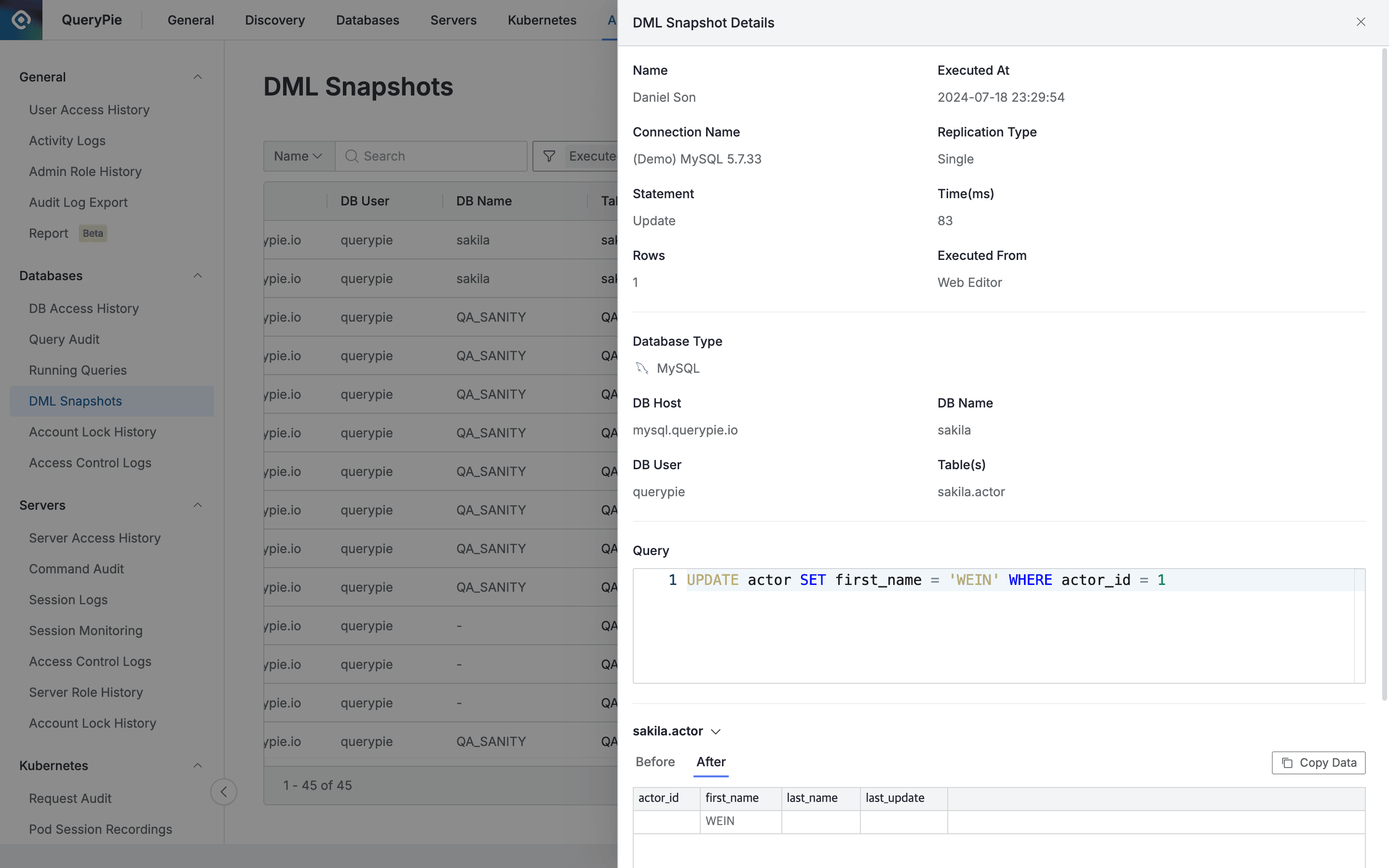 Administrator > Audit > Databases > DML Snapshots > DML Snapshot Details