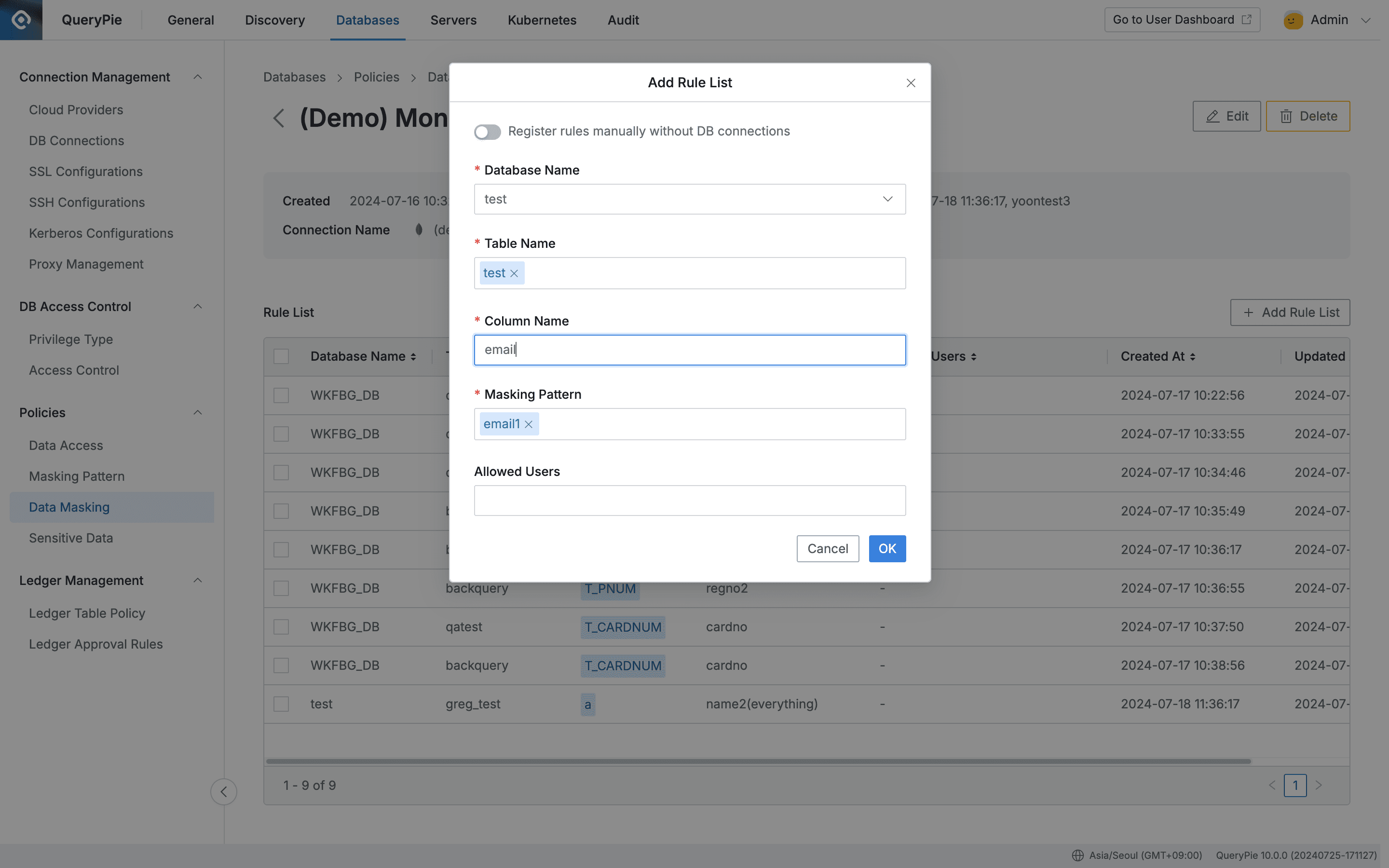 Administrator > Databases > Policies > Data Masking > Add Rule List