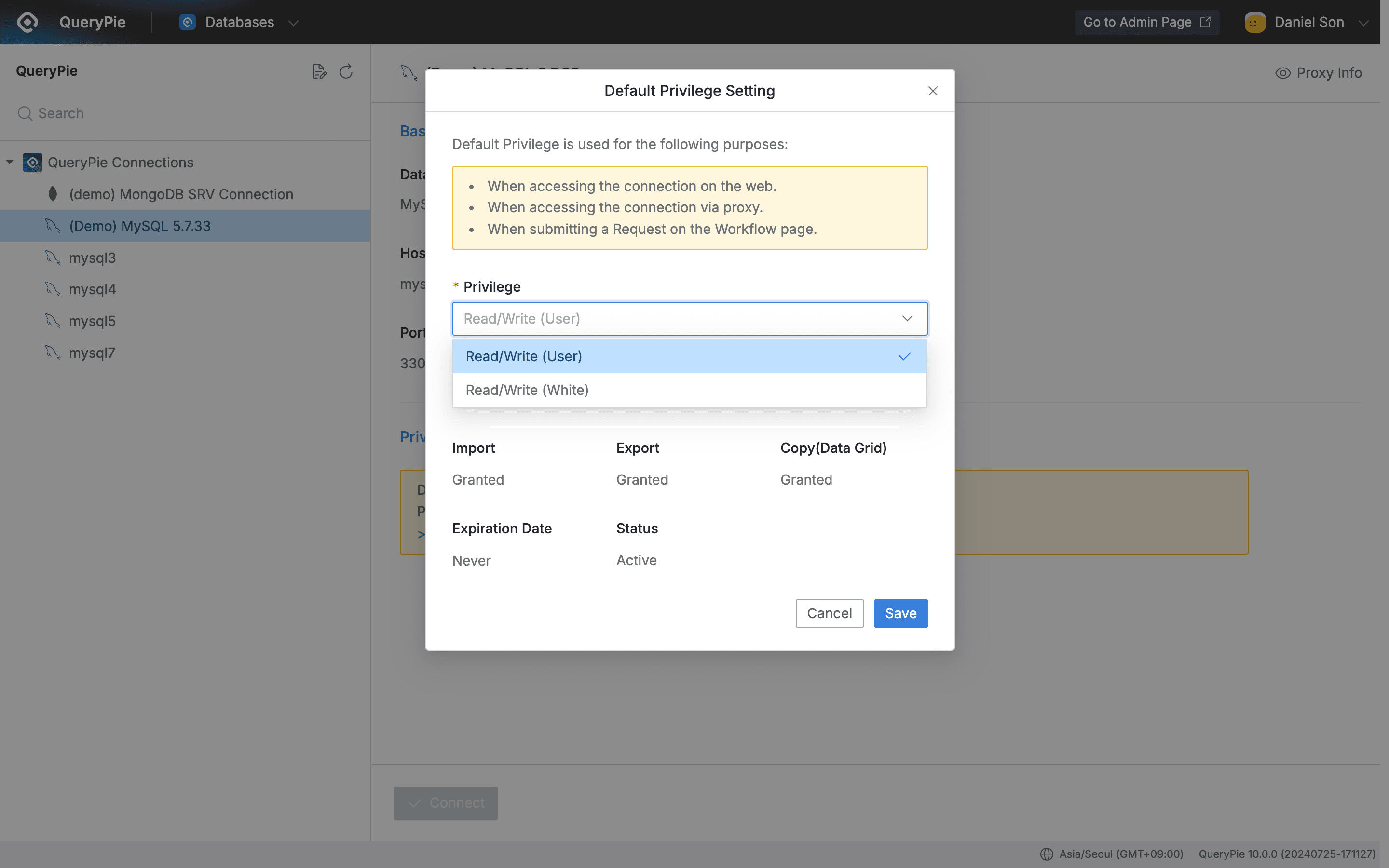 QueryPie Web > Database Access Control > Databases > Privileges > Default Privilege Setting
