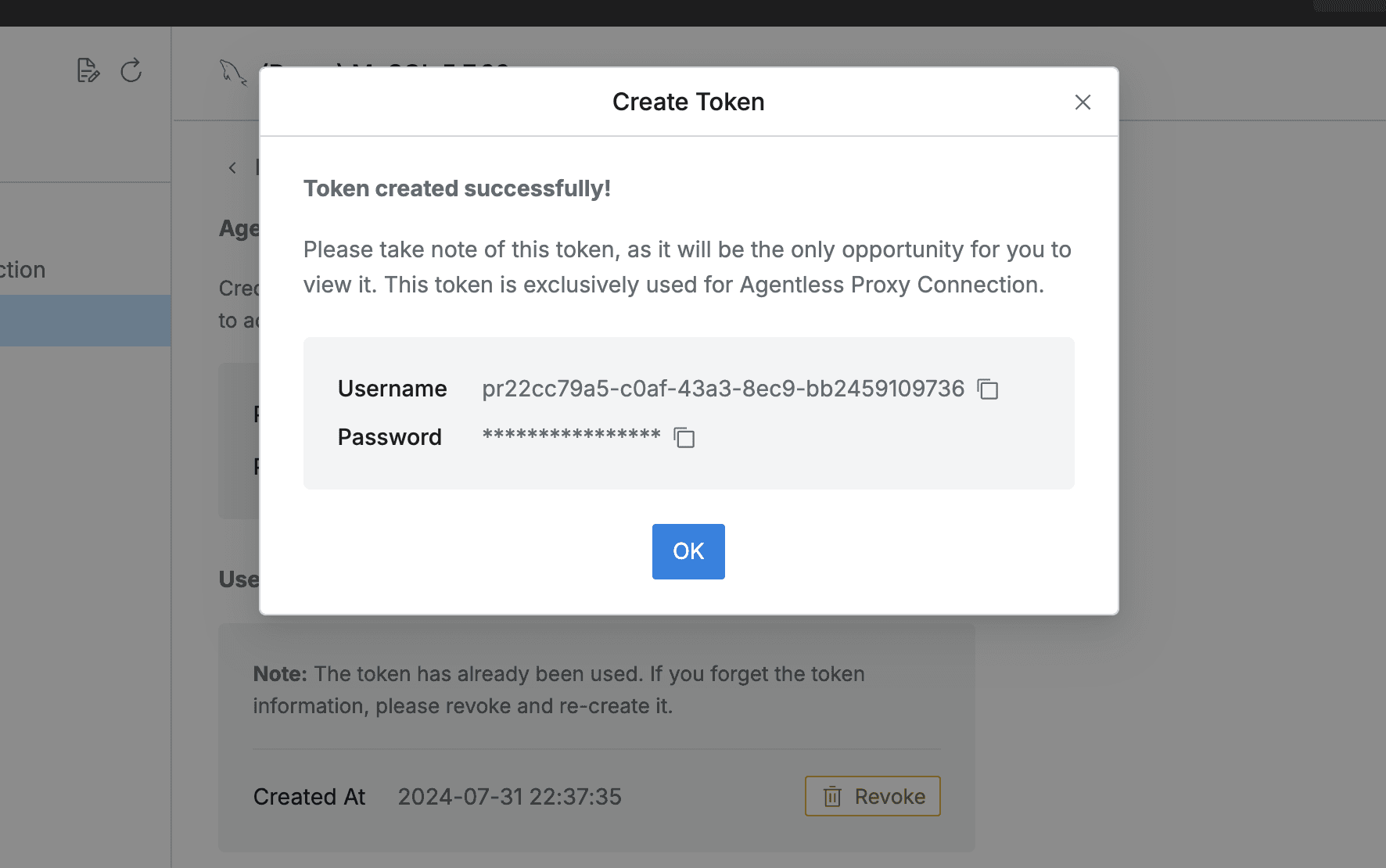 QueryPie Web > Data Access Control > Databases > Proxy Info > Create Token