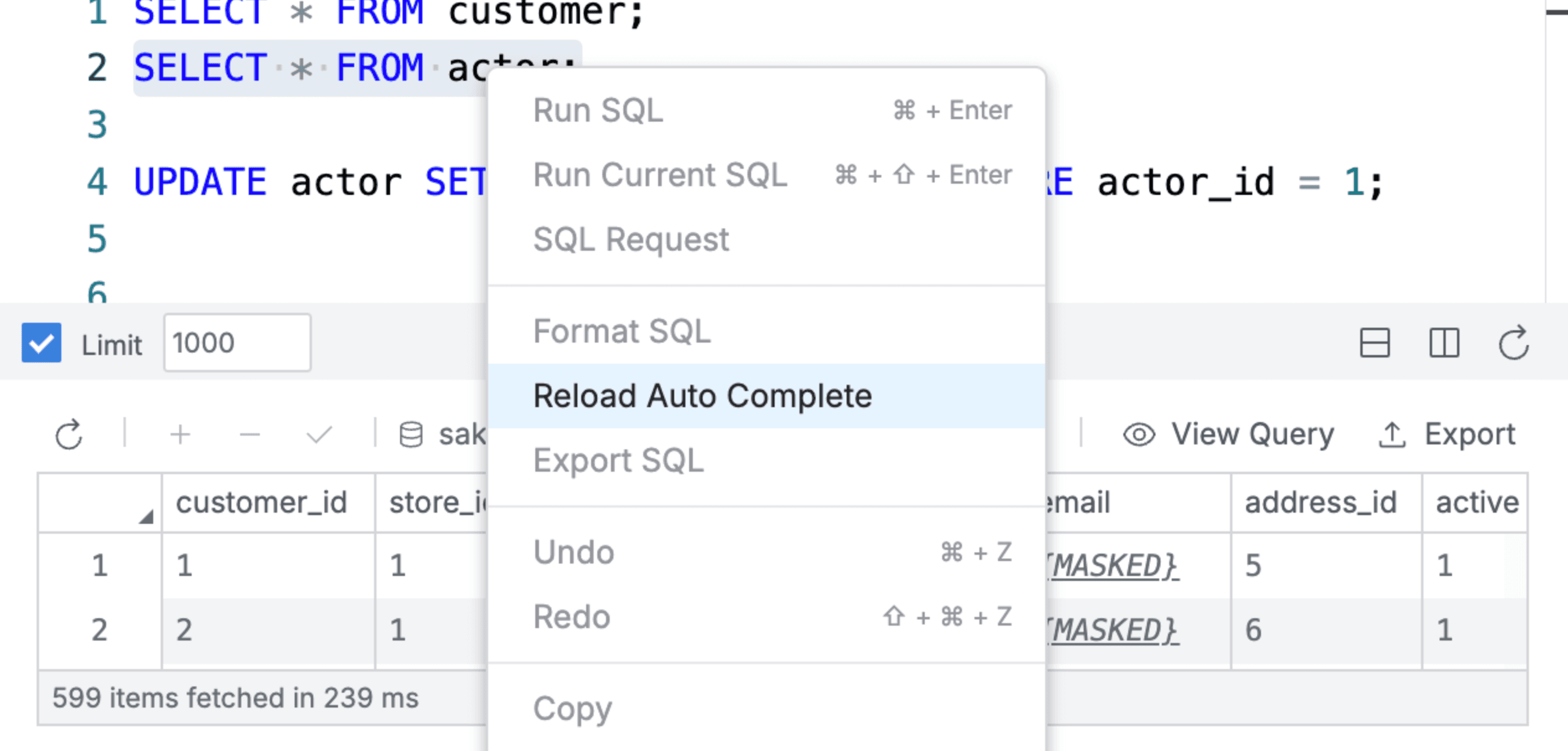 SQL Editor > Editor Tab & Result