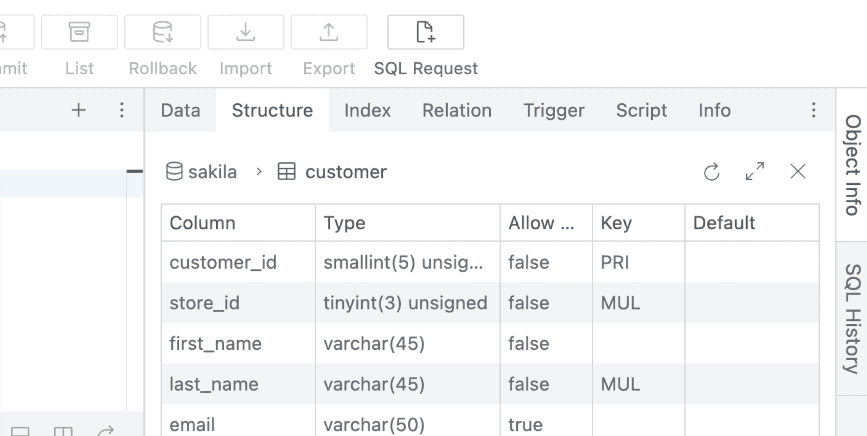 SQL Editor > Object Info Panel