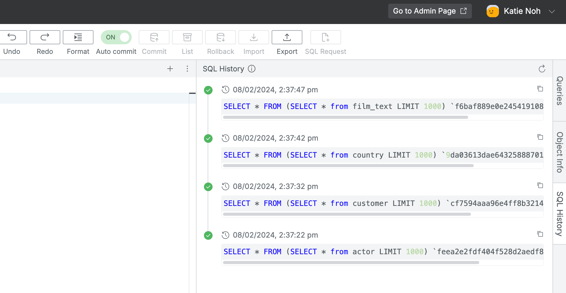 SQL Editor > SQL History Panel