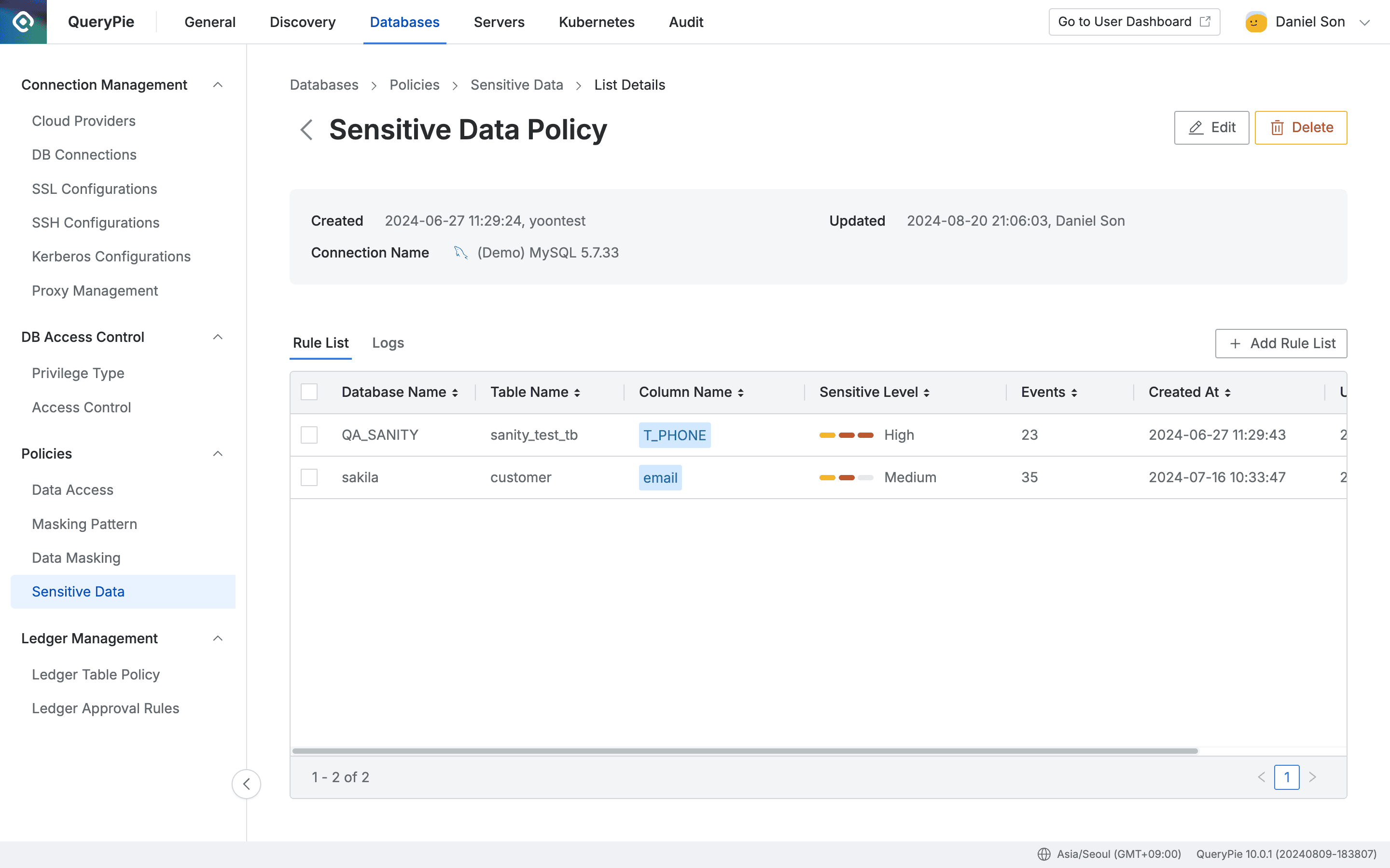 Administrator > Databases > Policies > Sensitive Data > Rule List