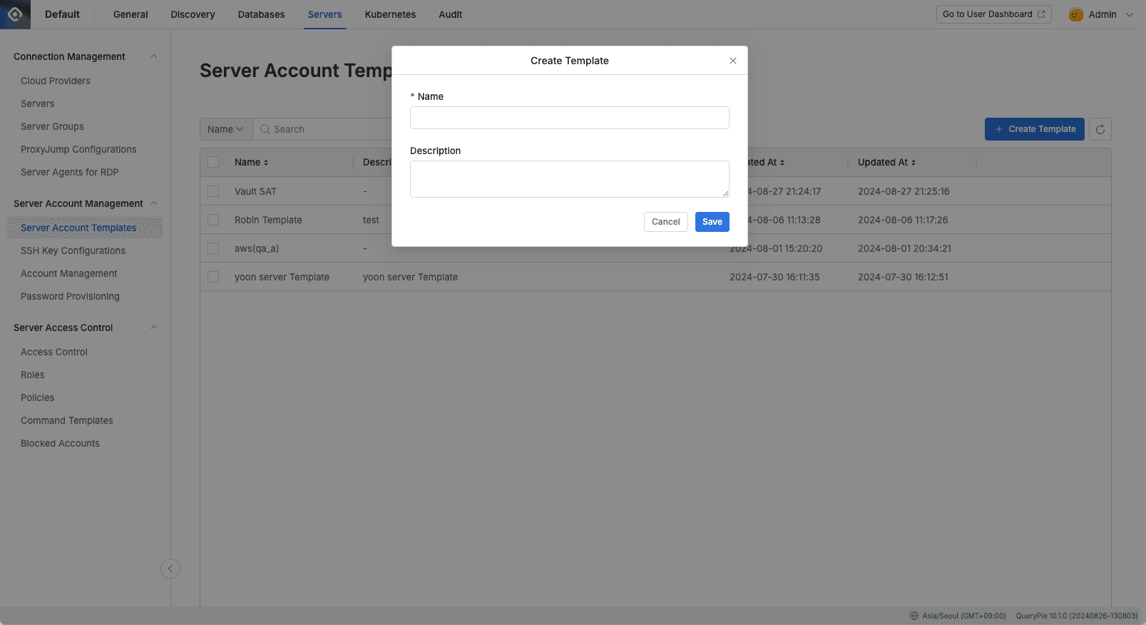 Administrator > Servers > Server Account Management > Server Account Templates > Create Template