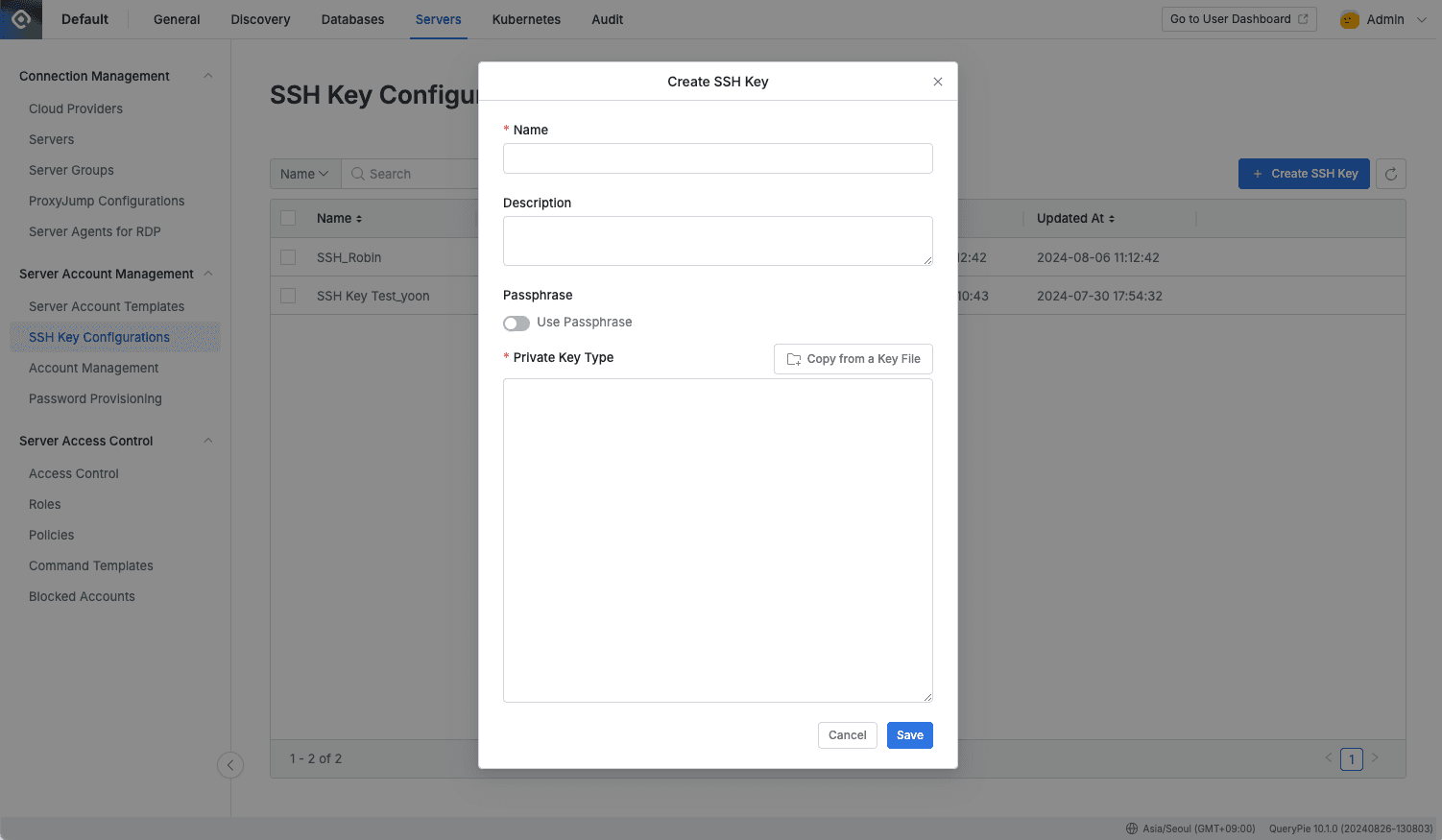 Administrator > Servers > Server Account Management > SSH Key Configurations > Create SSH Key