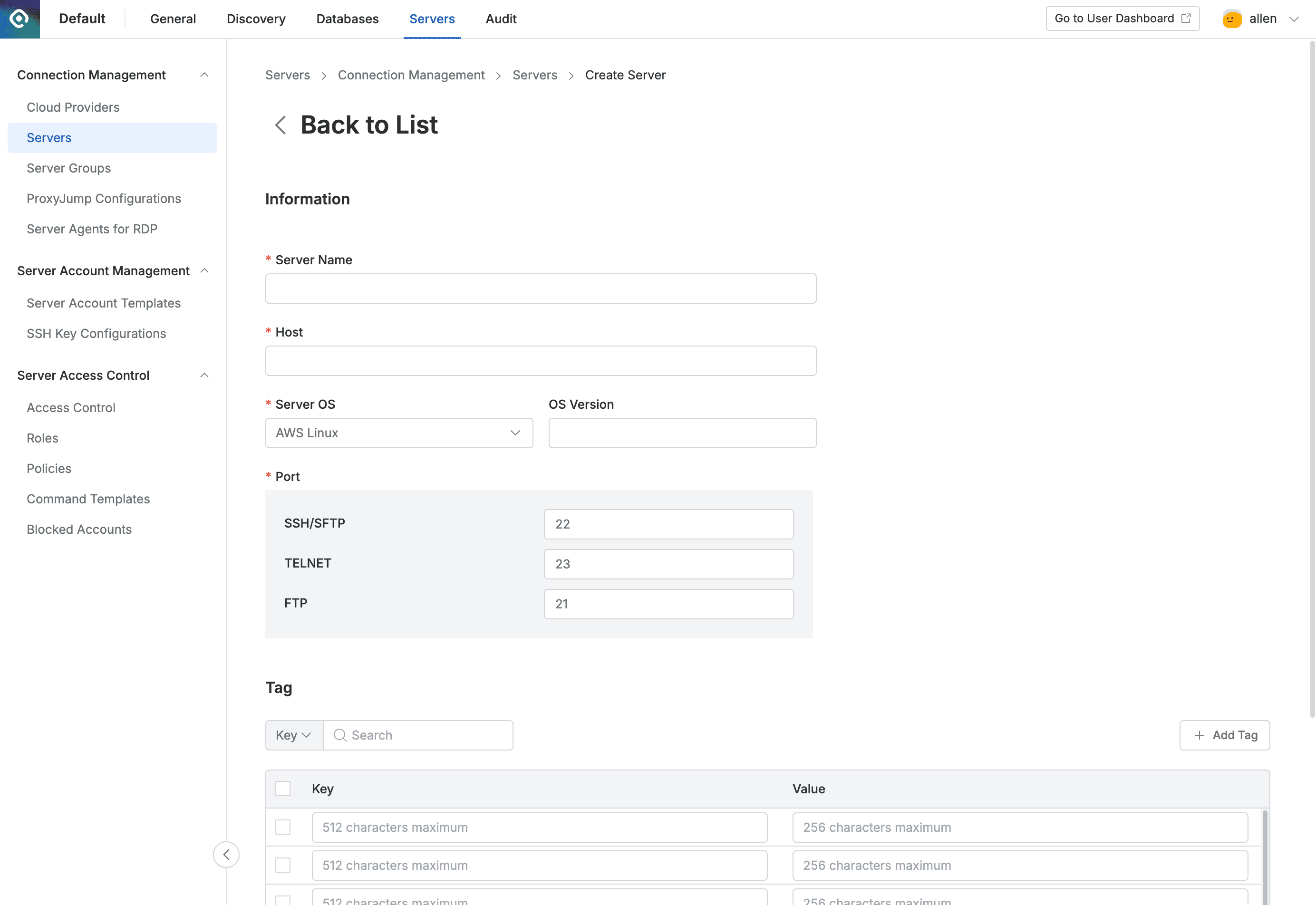 Administrator > Servers > Connection Management > Servers > Create Server