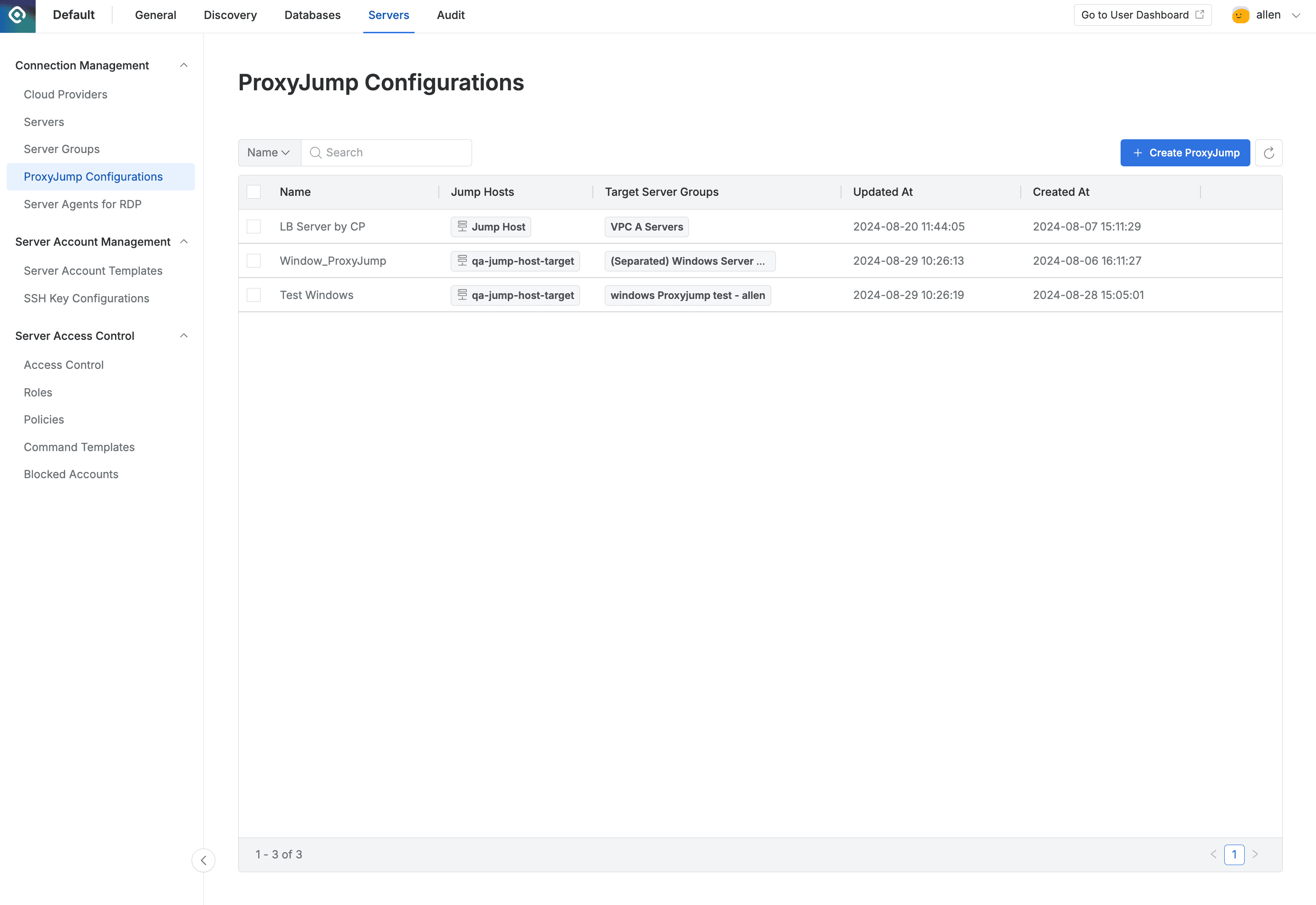 Administrator > Servers > Connection Management > ProxyJump Configurations