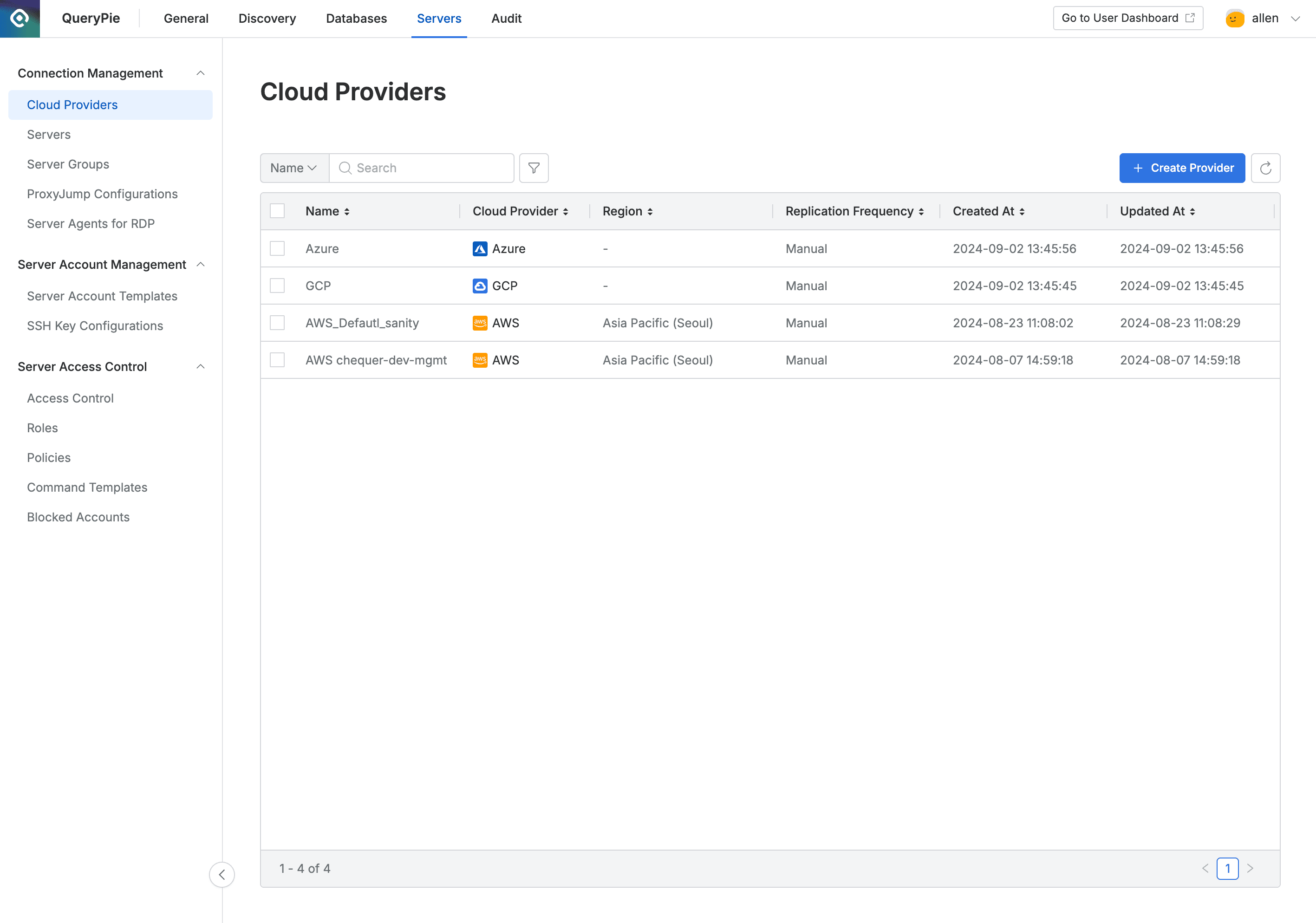 Administrator > Servers > Connection Management > Cloud Providers