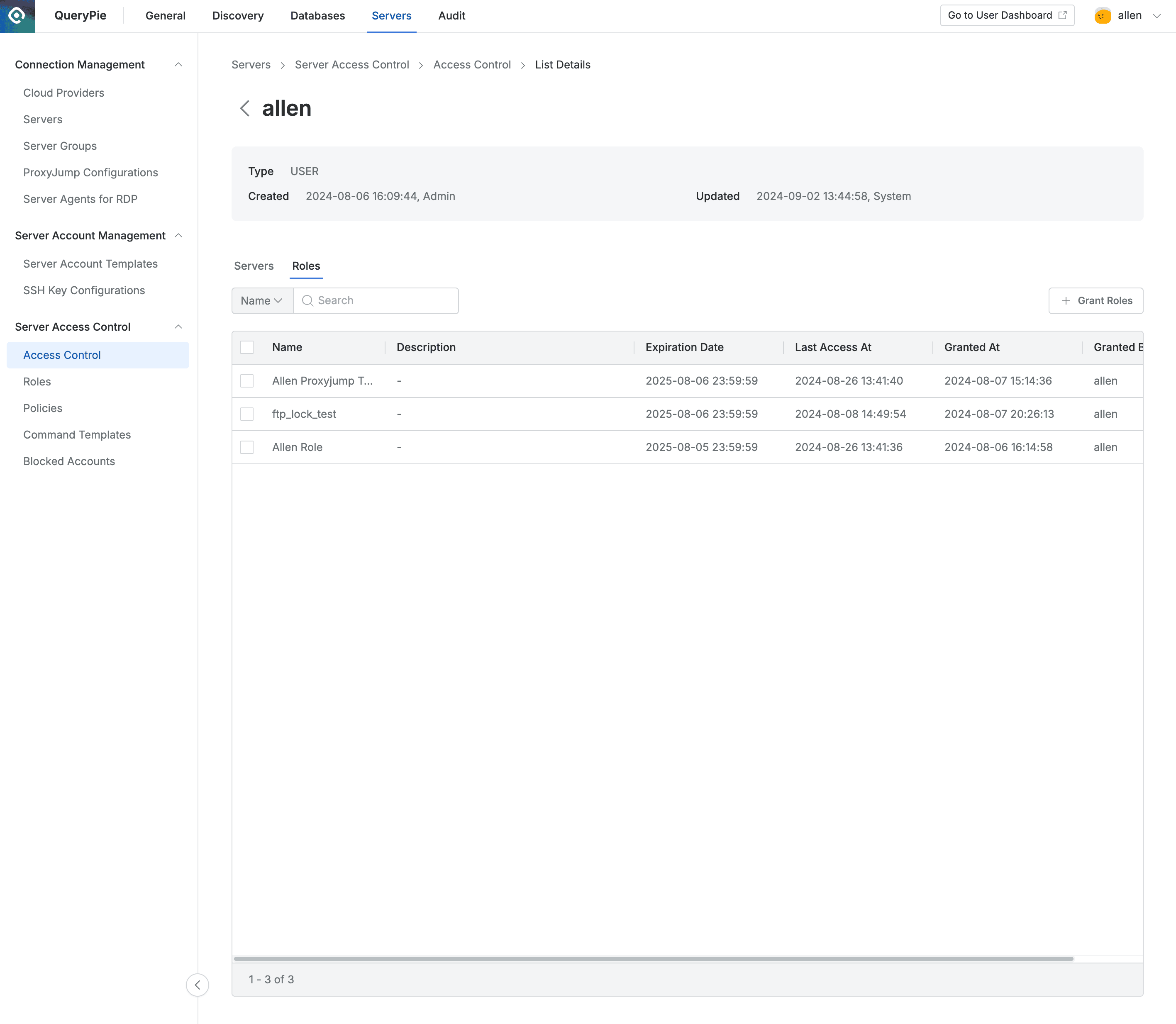 Administrator > Servers > Server Access Control > Access Control > List Details > Roles tab