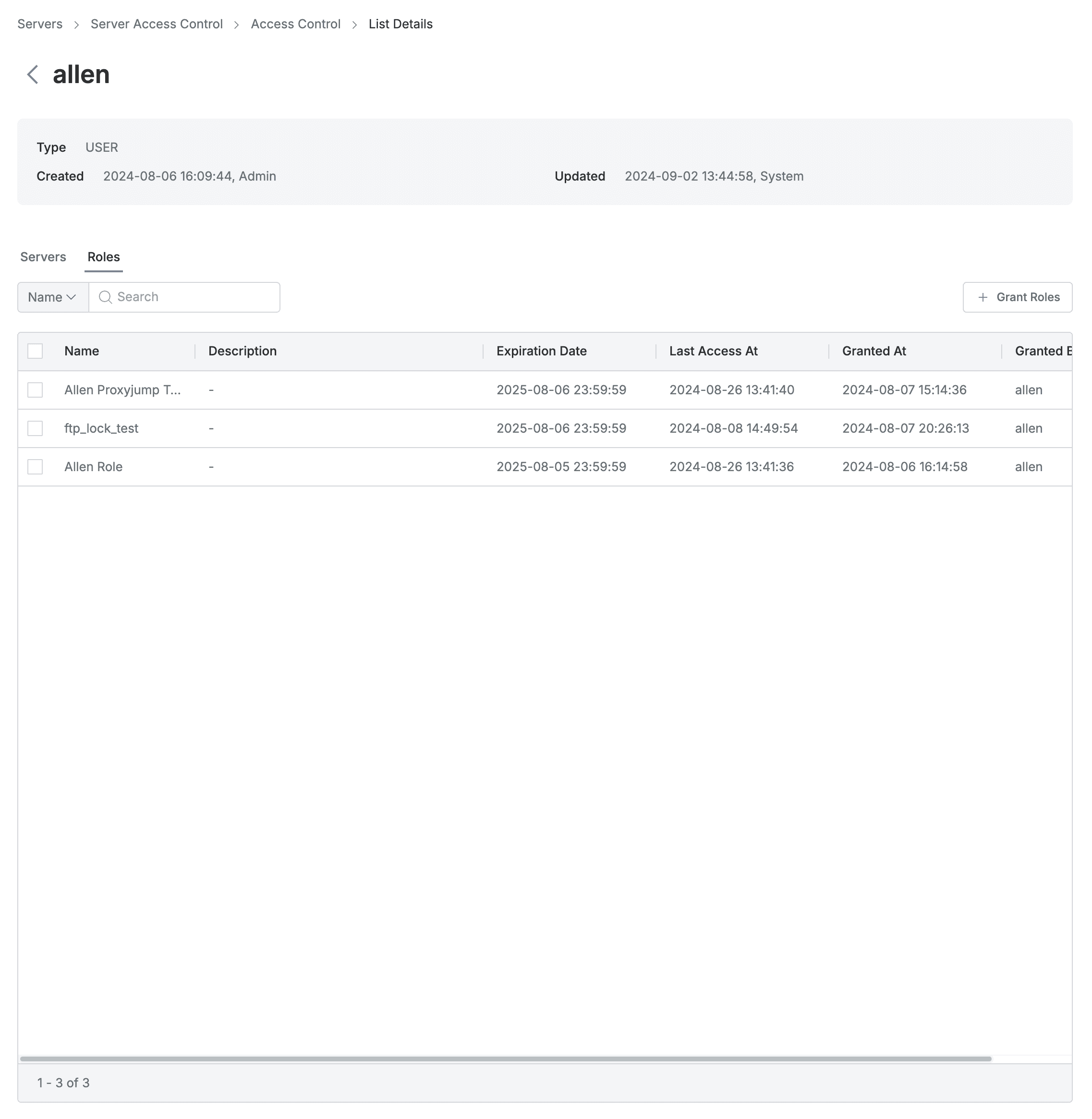 Server Settings > Server Access Control > Access Control > List Details > Roles tab