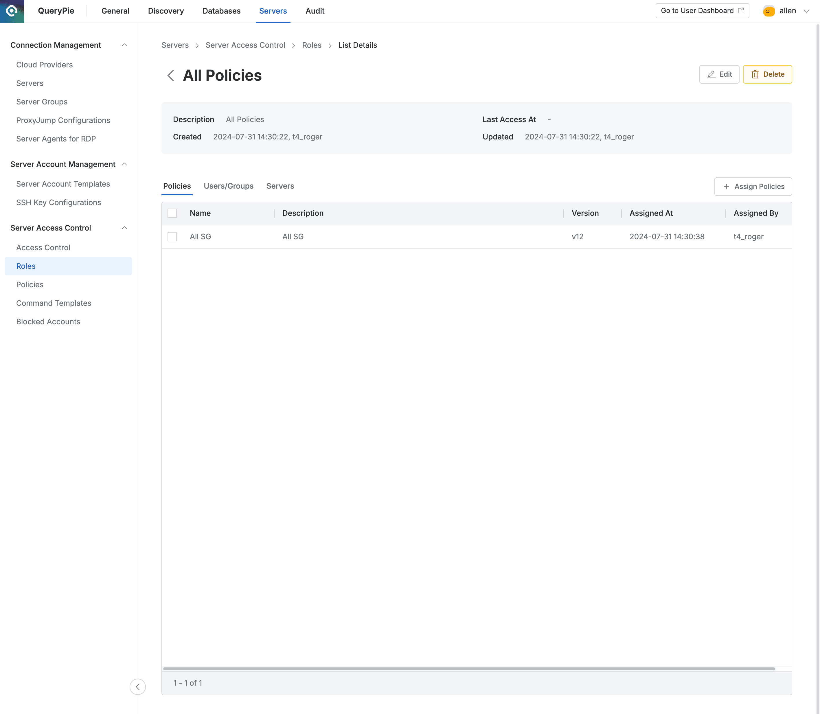 Administrator > Servers > Server Access Control > Roles > List Details