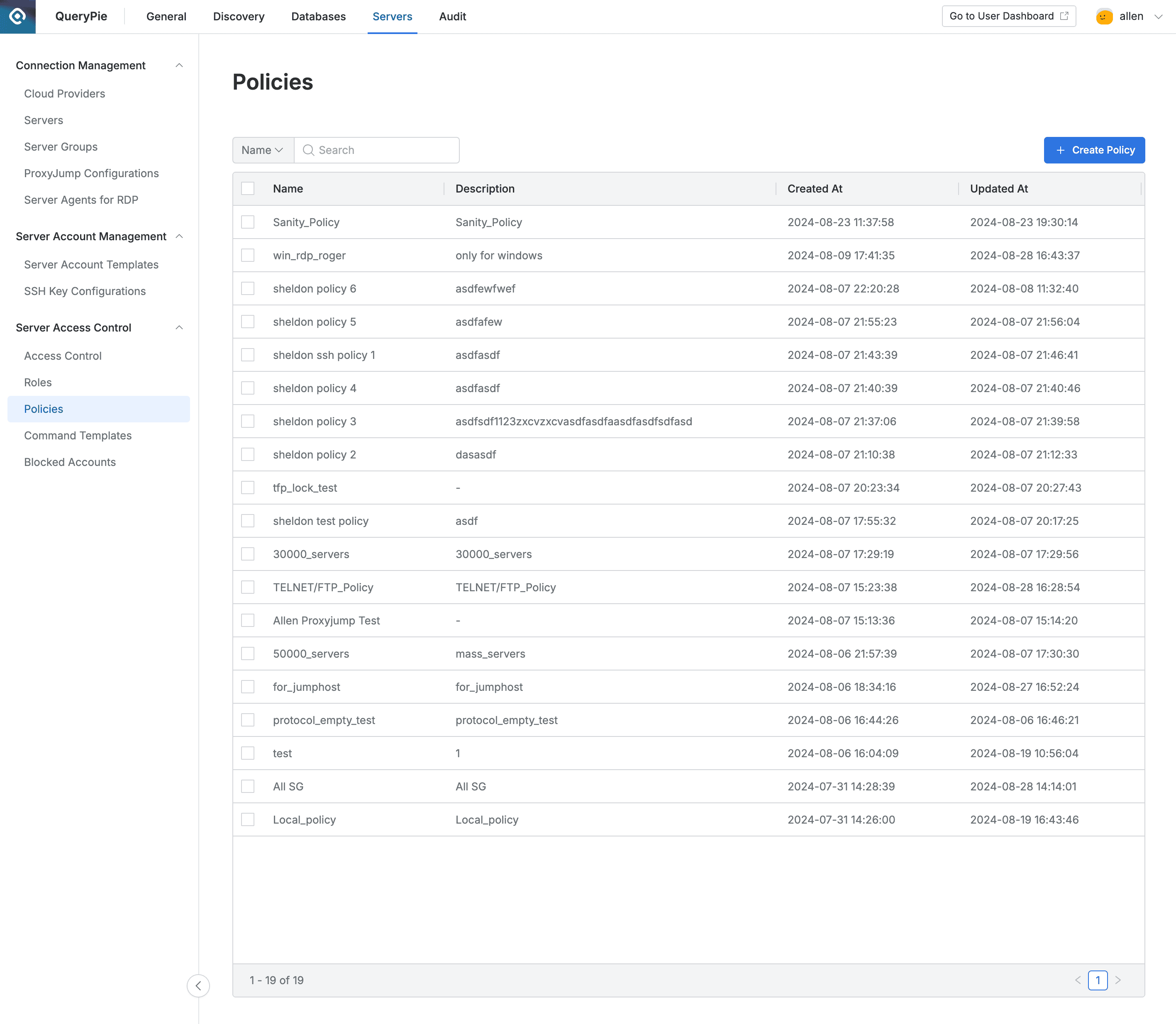 Administrator > Servers > Server Access Control > Policies