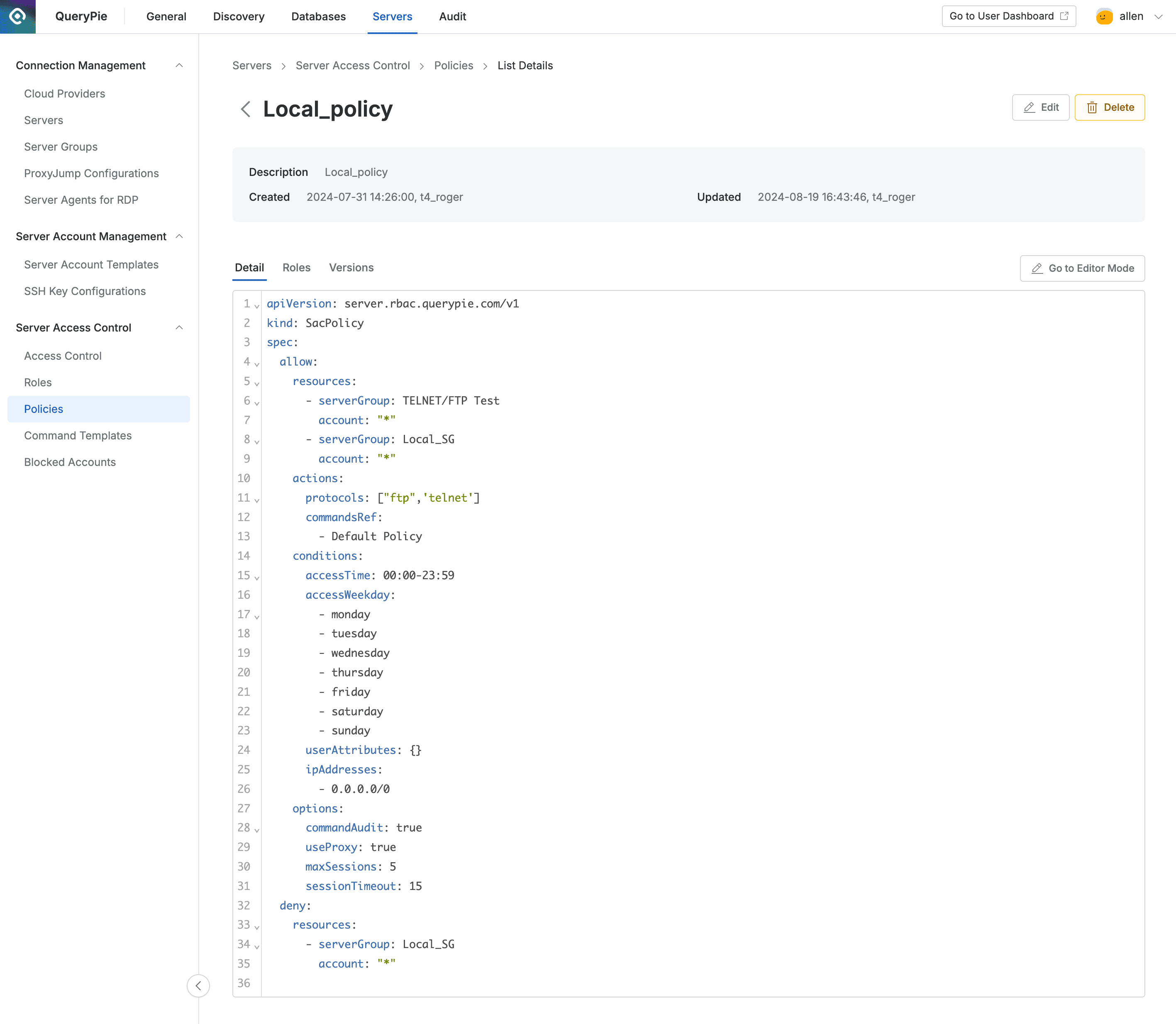 Administrator > Servers > Server Access Control > Policies > List Details