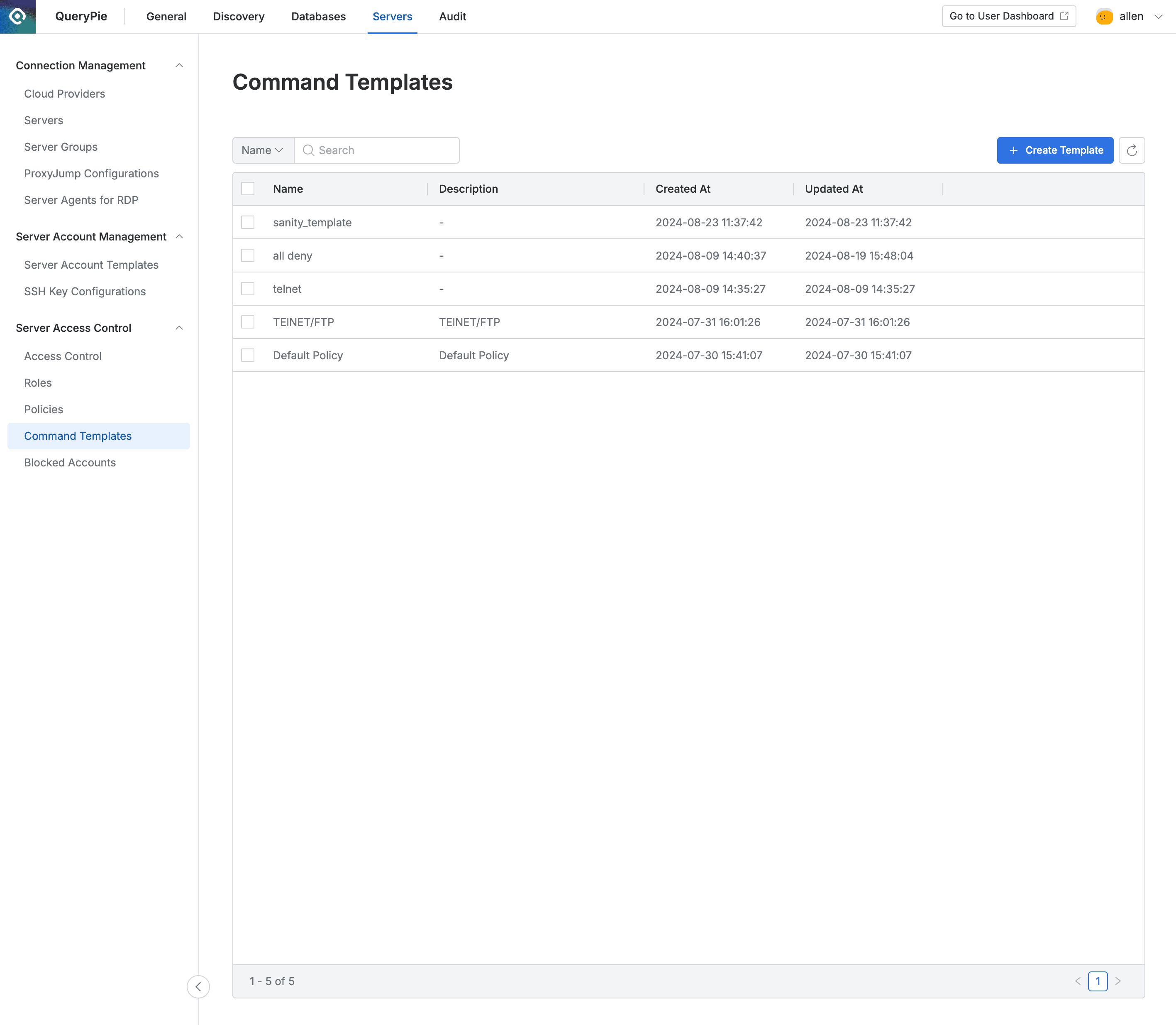 Administrator > Servers > Server Access Control > Command Templates