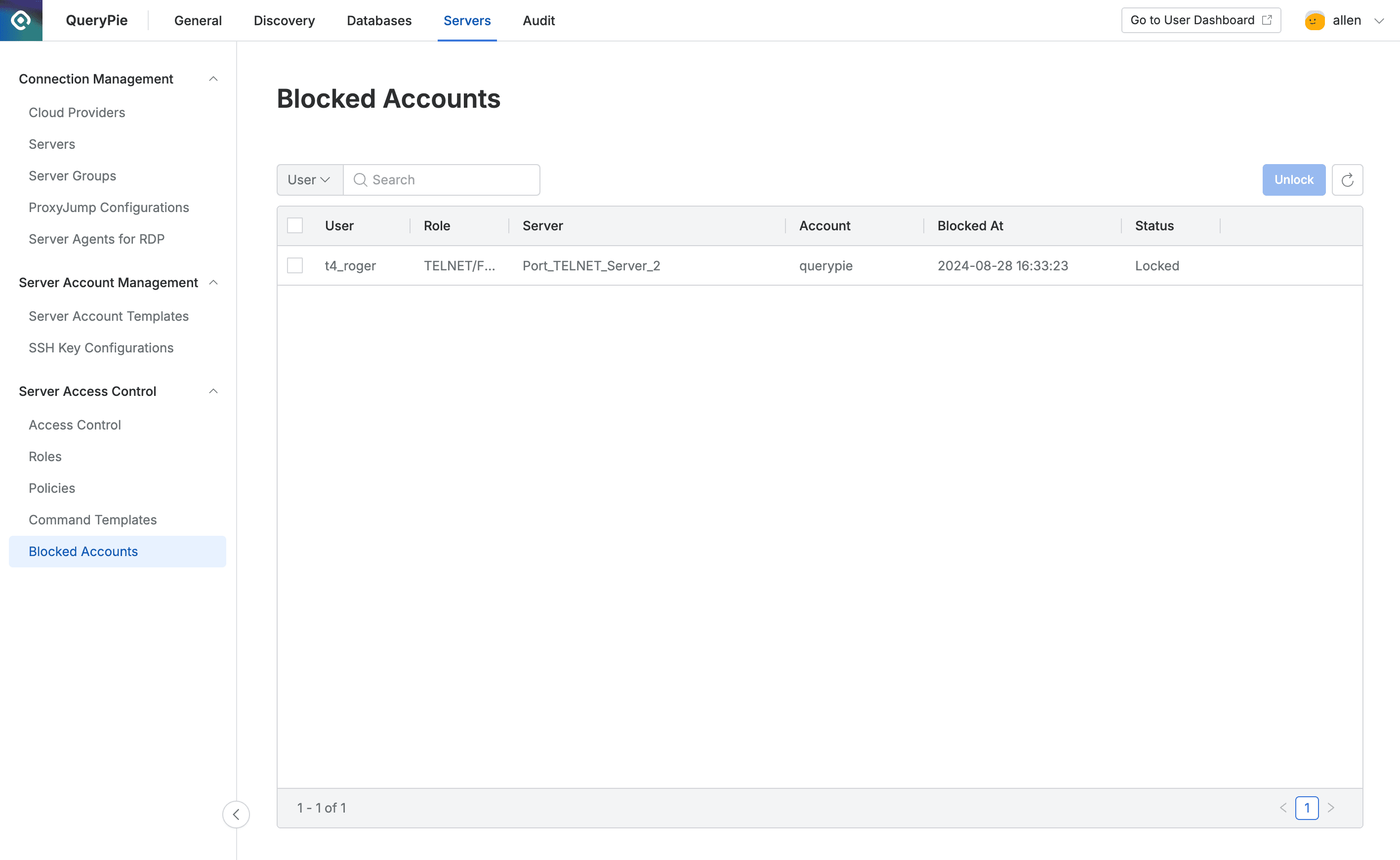 Administrator > Servers > Server Access Control > Blocked Accounts