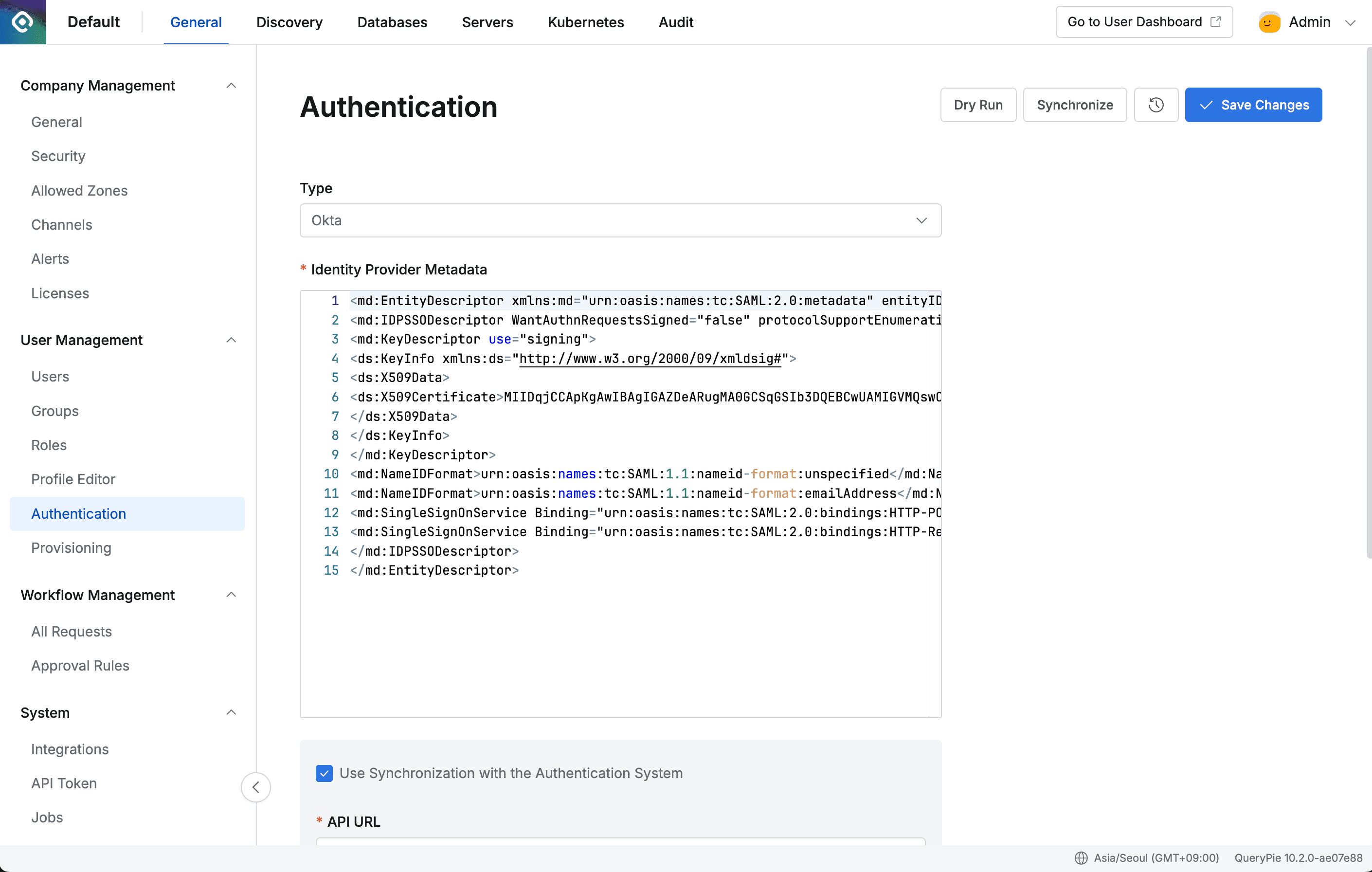 Administrator > General > User Management > Authentication