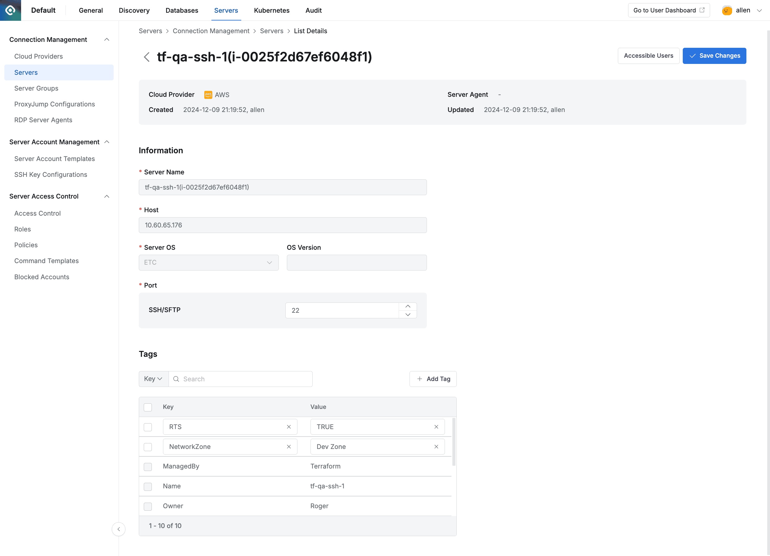 Admin Page > Servers > Connection Management > Servers