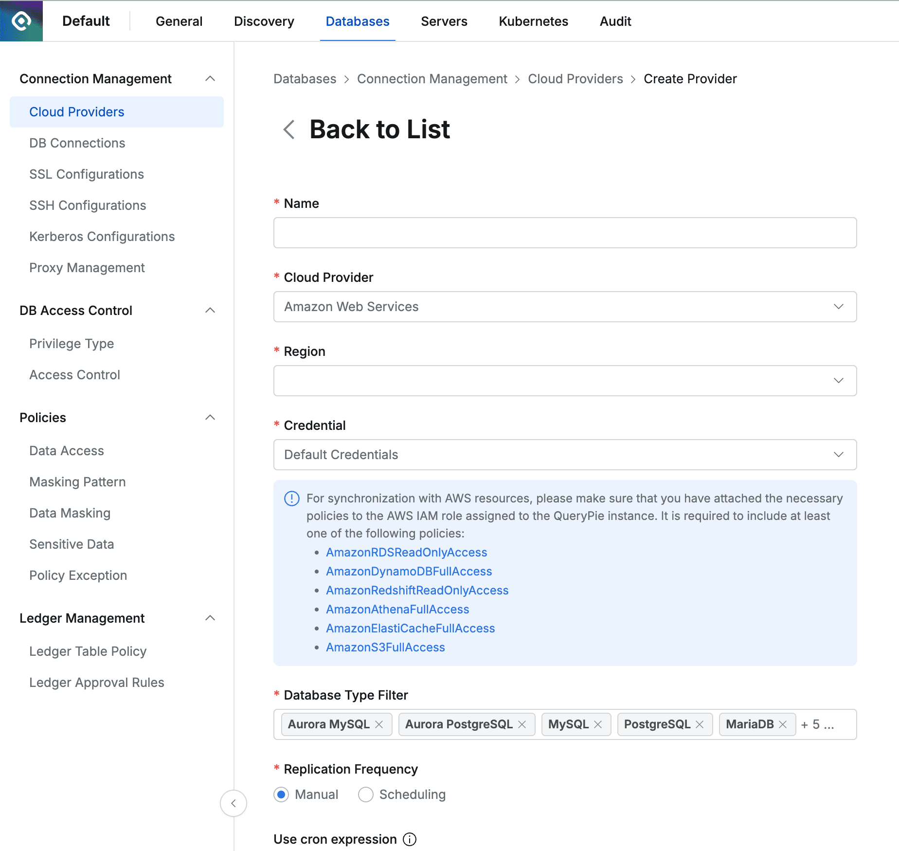 Administrator > Databases > Connection Management > Cloud Providers