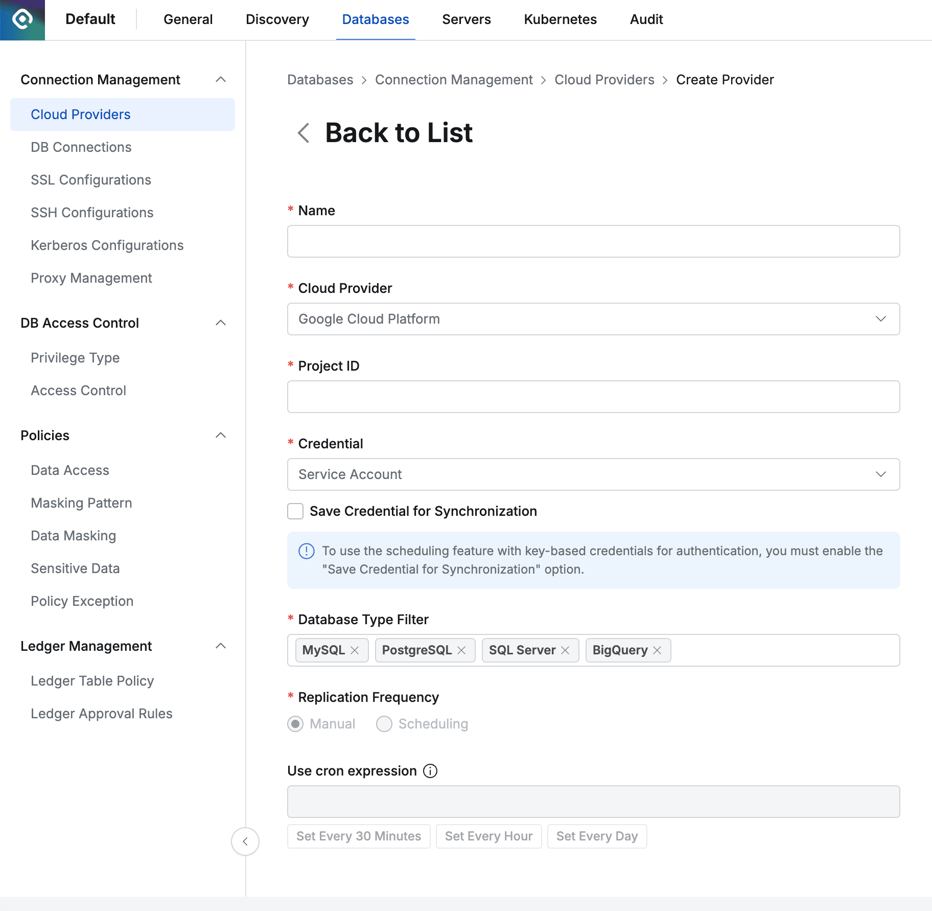 Administrator > Databases > Connection Management > Cloud Providers