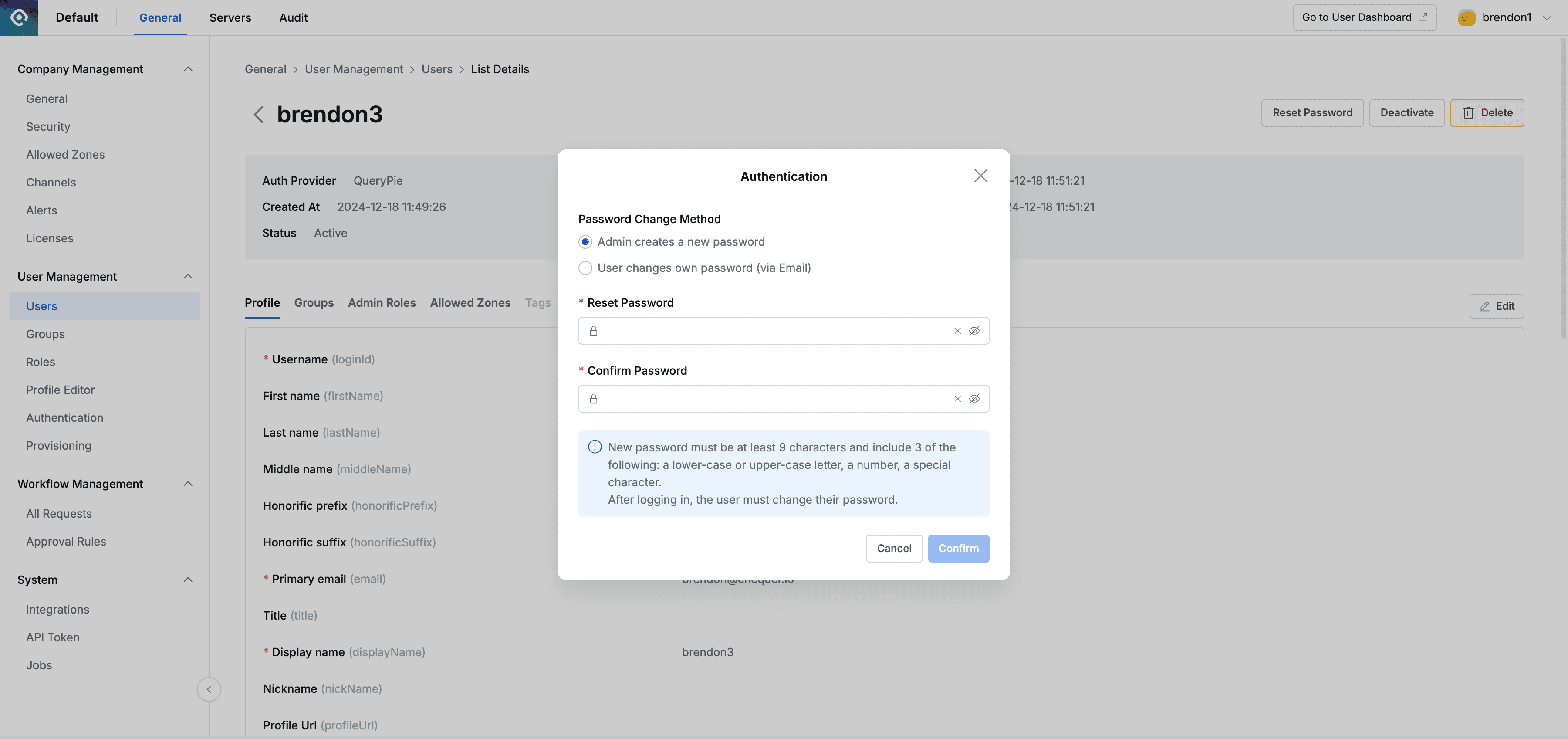 Administrator > General > User Management > Users > List Details > Authentication