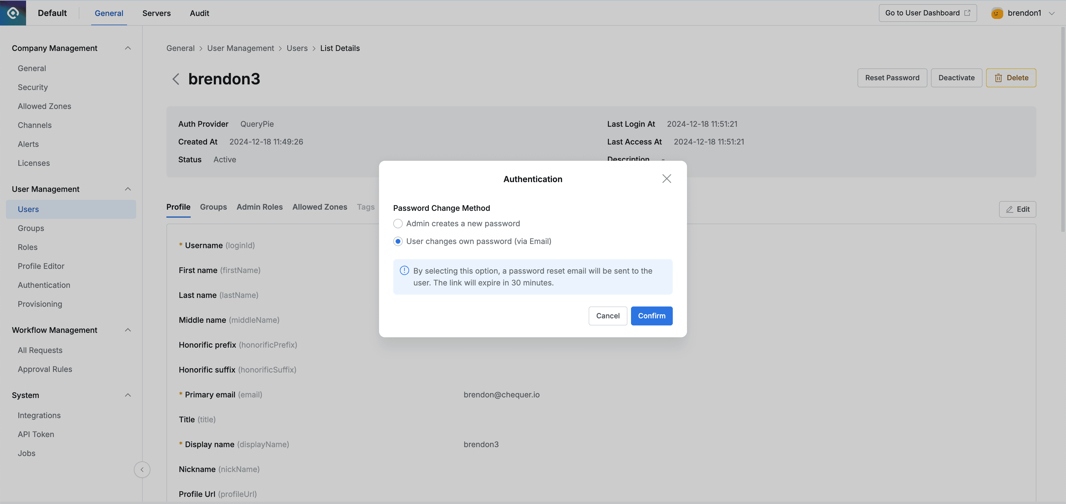 Selecting for User to Reset Own Password via Email