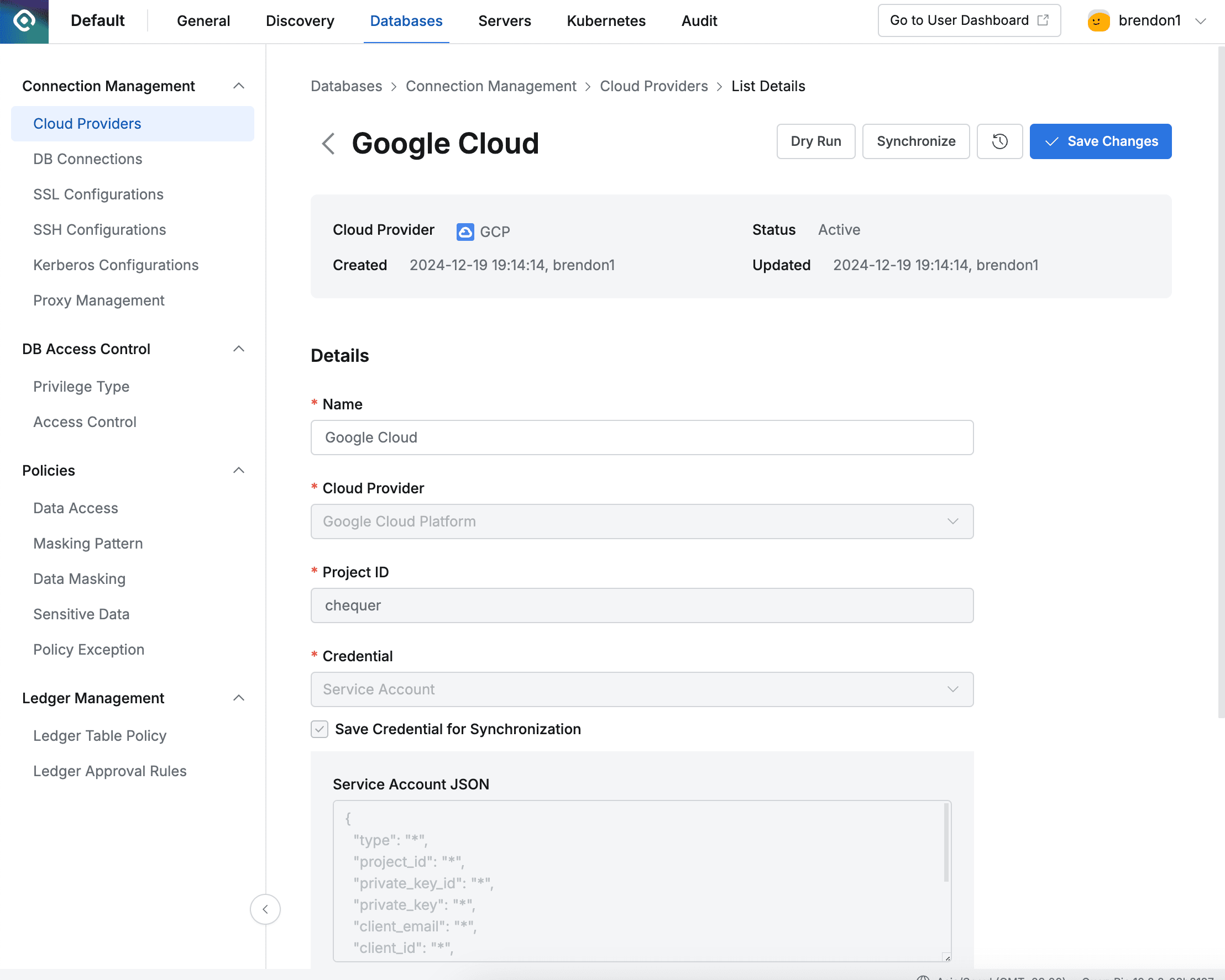 Administrator > Databases > Connection Management > Cloud Providers > Details