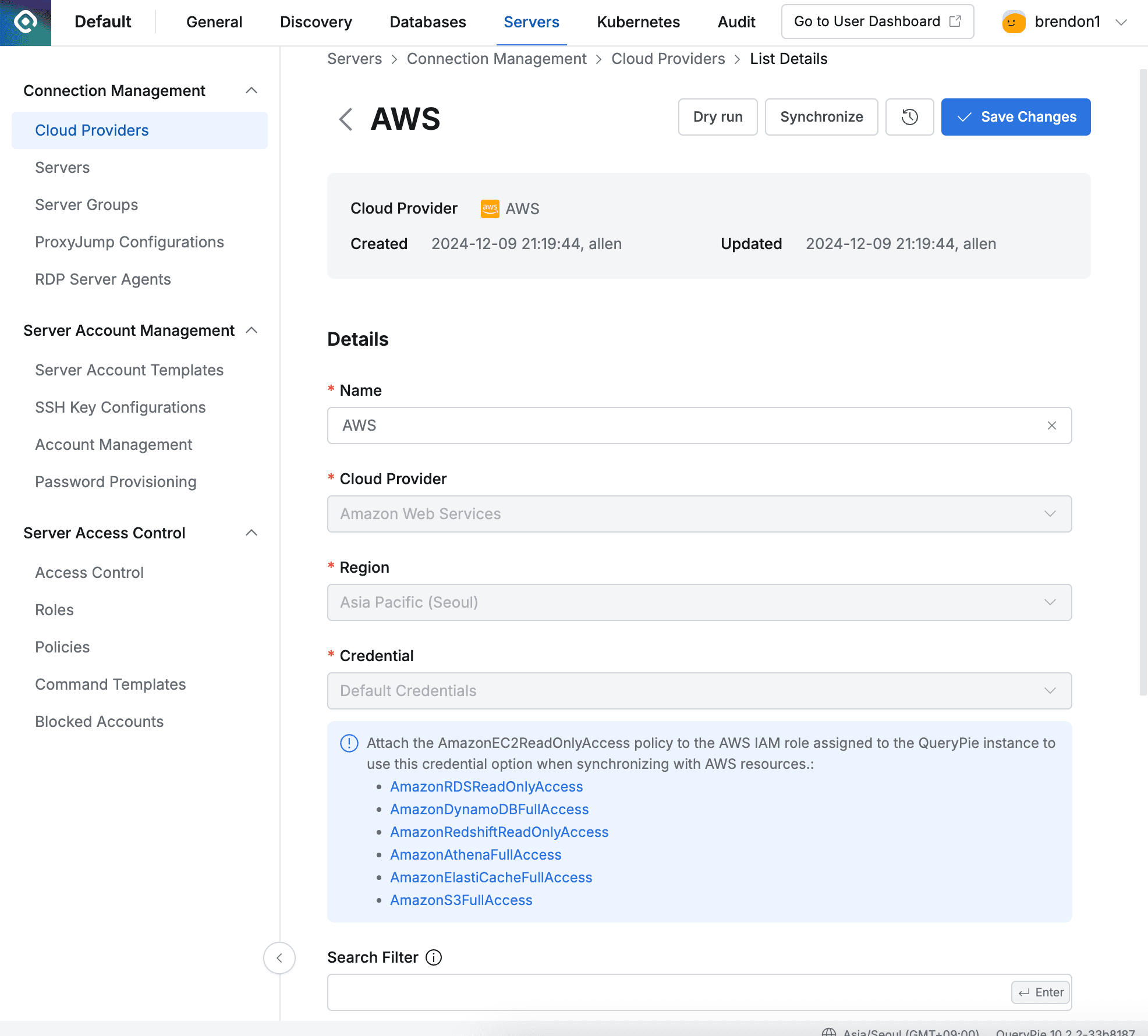 Administrator > Servers > Connection Management > Cloud Providers > List Details