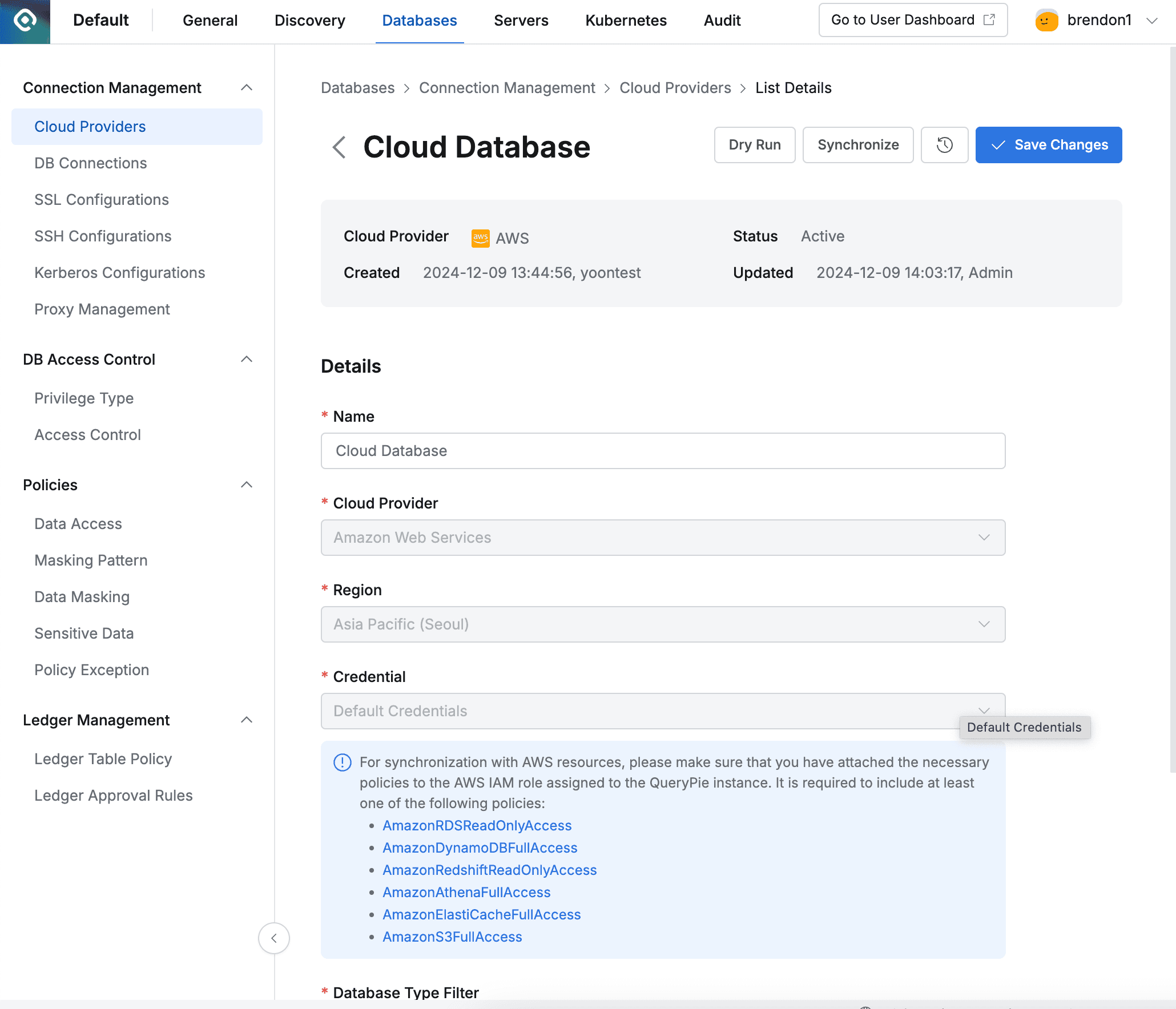 Administrator > Databases > Connection Management > Cloud Providers > Details