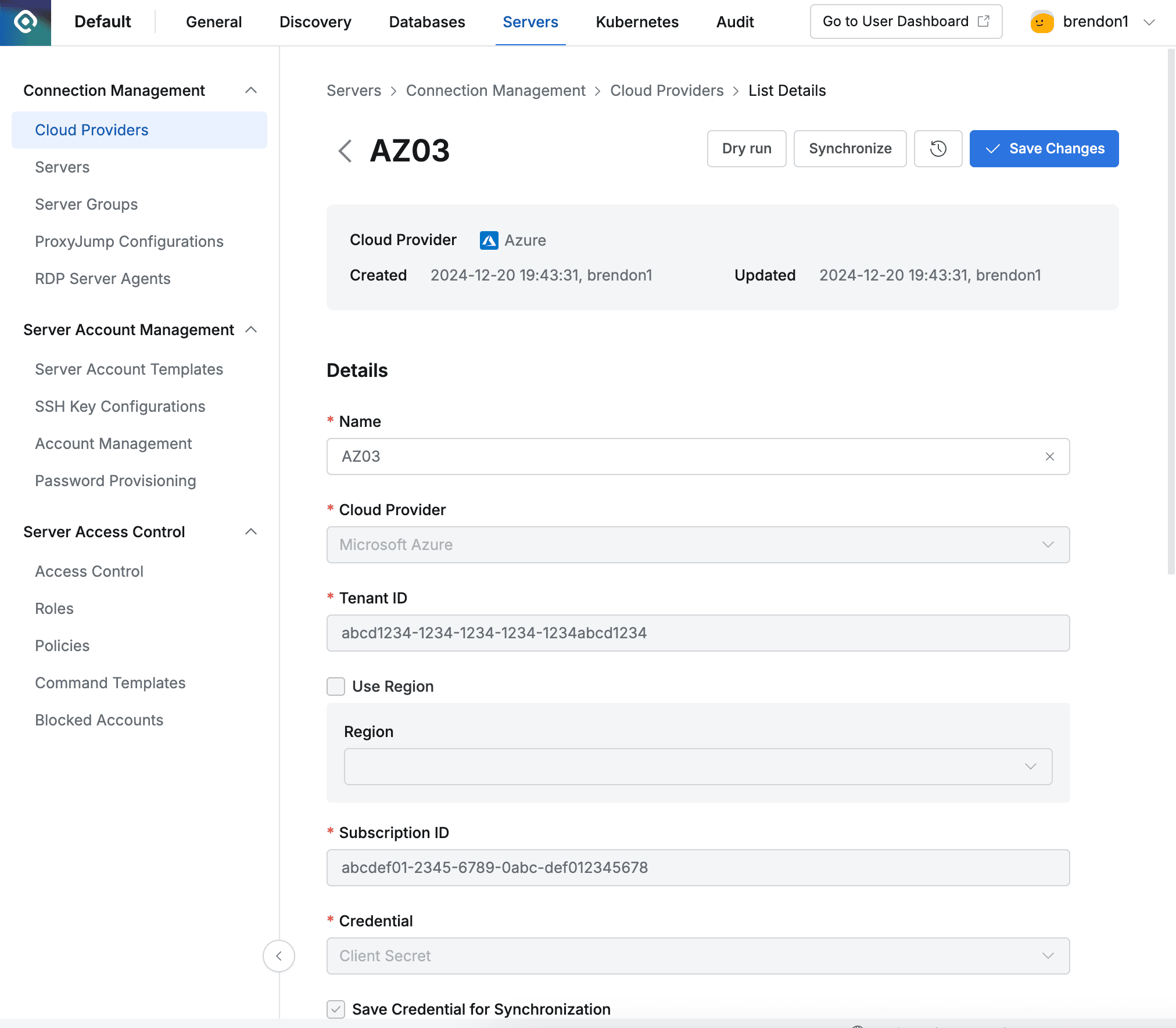 Administrator > Servers > Connection Management > Cloud Providers > List Details