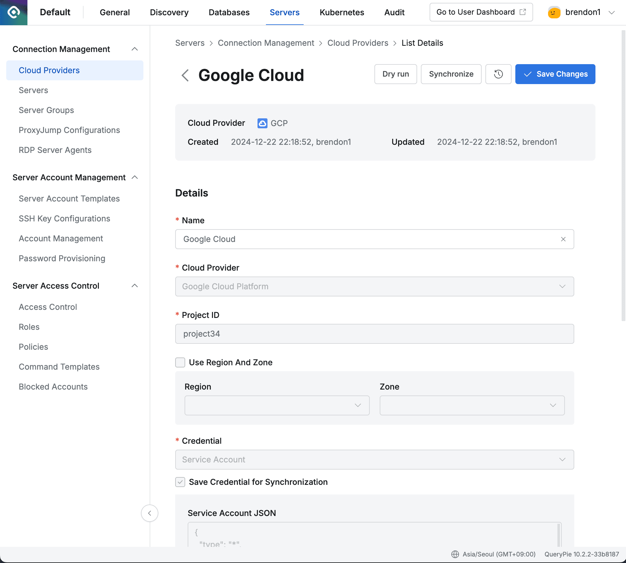 Administrator > Servers > Connection Management > Cloud Providers > List Details