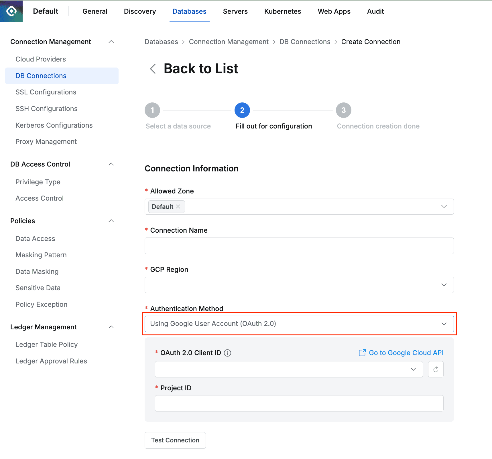 Specify Authentication Method when creating a new BigQuery connection