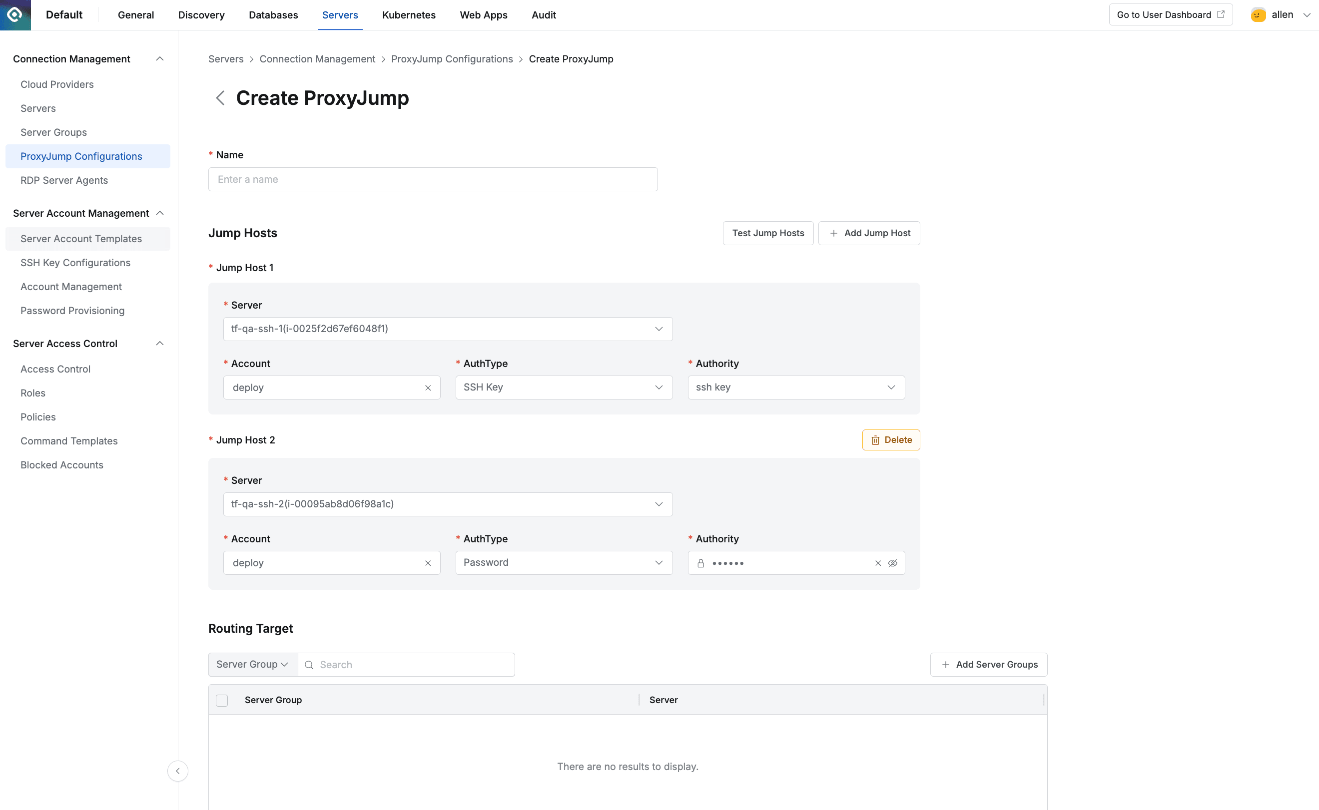Administrator > Servers > Connection Management > ProxyJump Configurations > Create ProxyJump