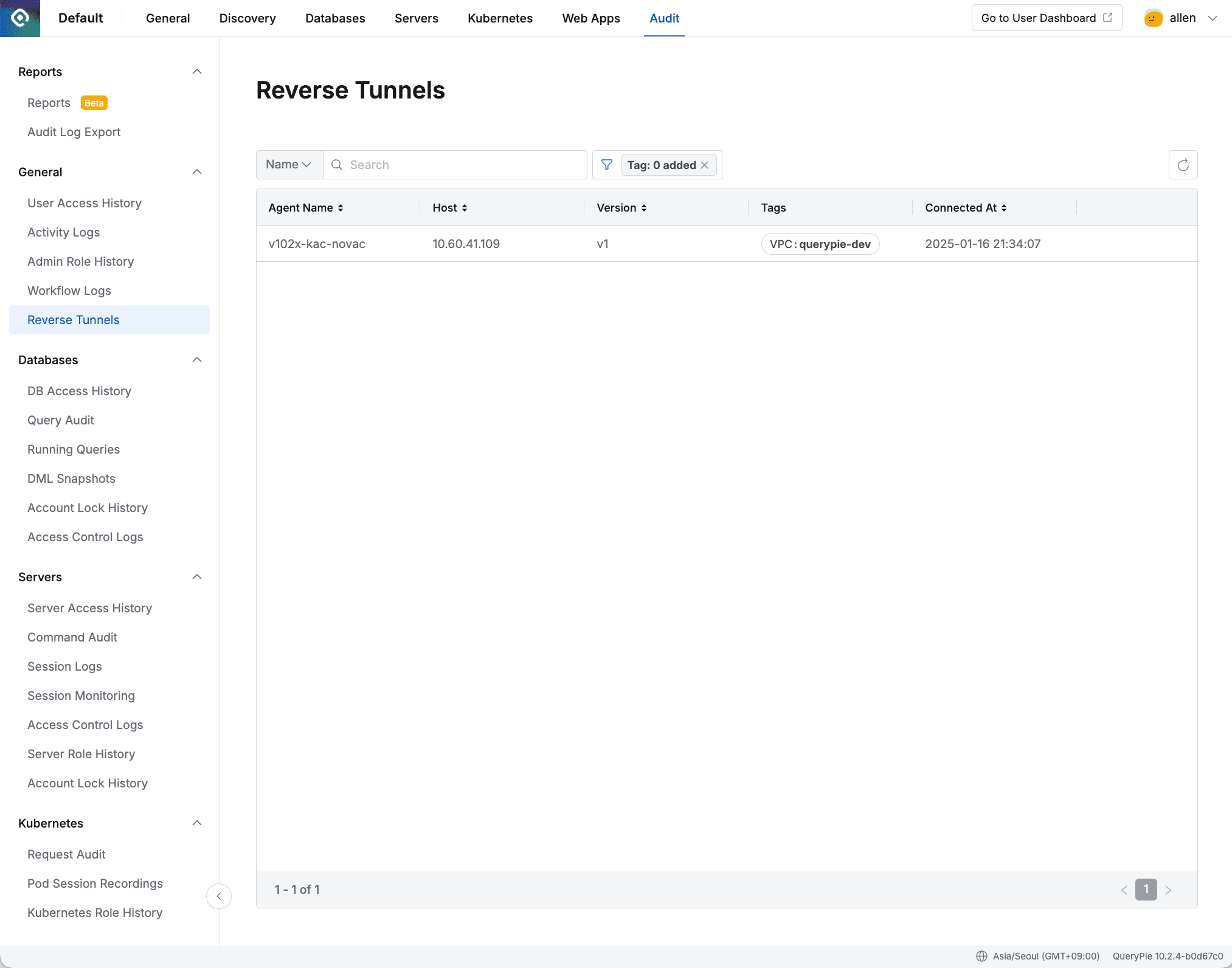 Admin Page > Audit > General > Reverse Tunnels