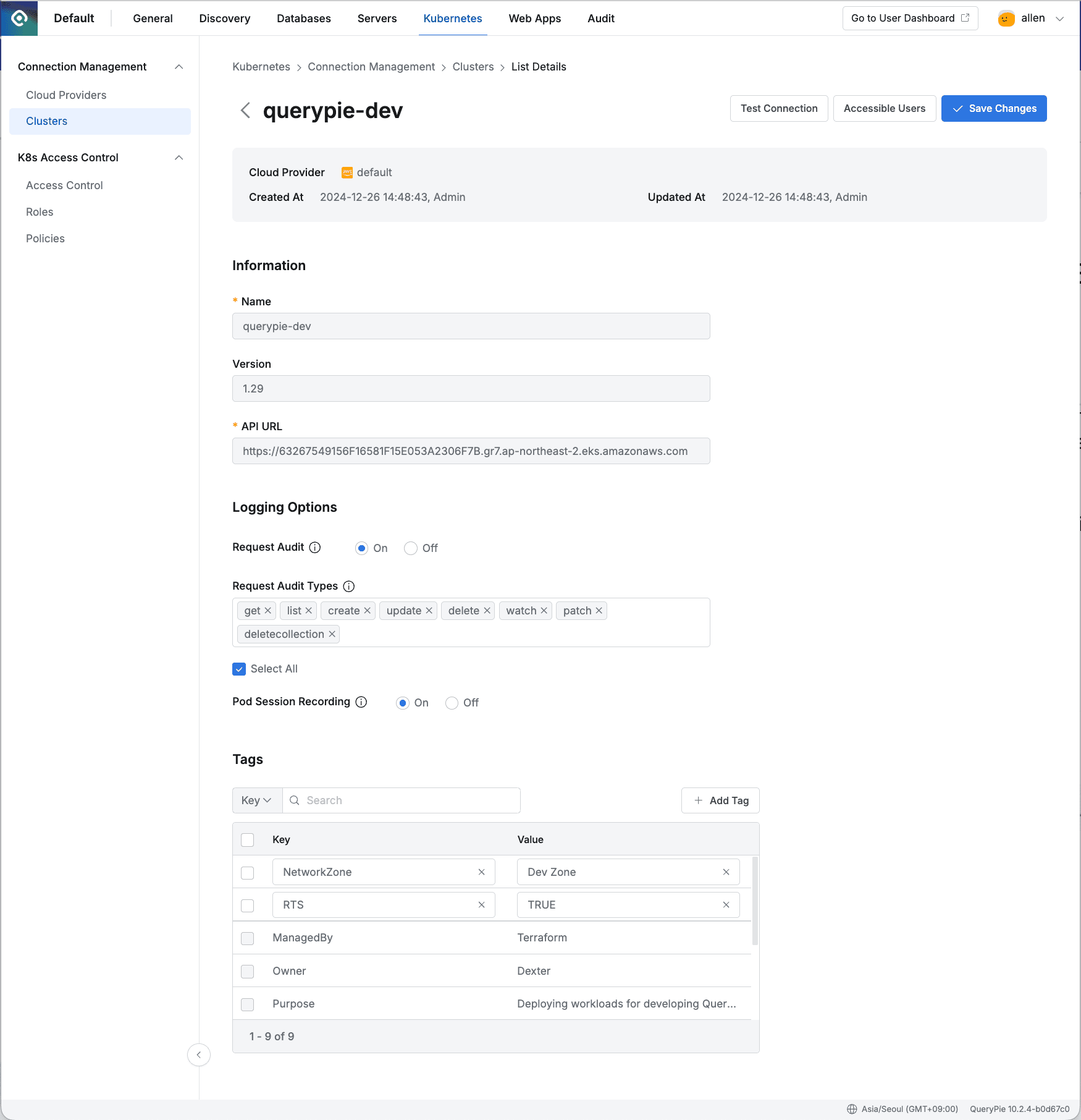 Administrator > Kubernetes > Connection Management > Clusters > List Details