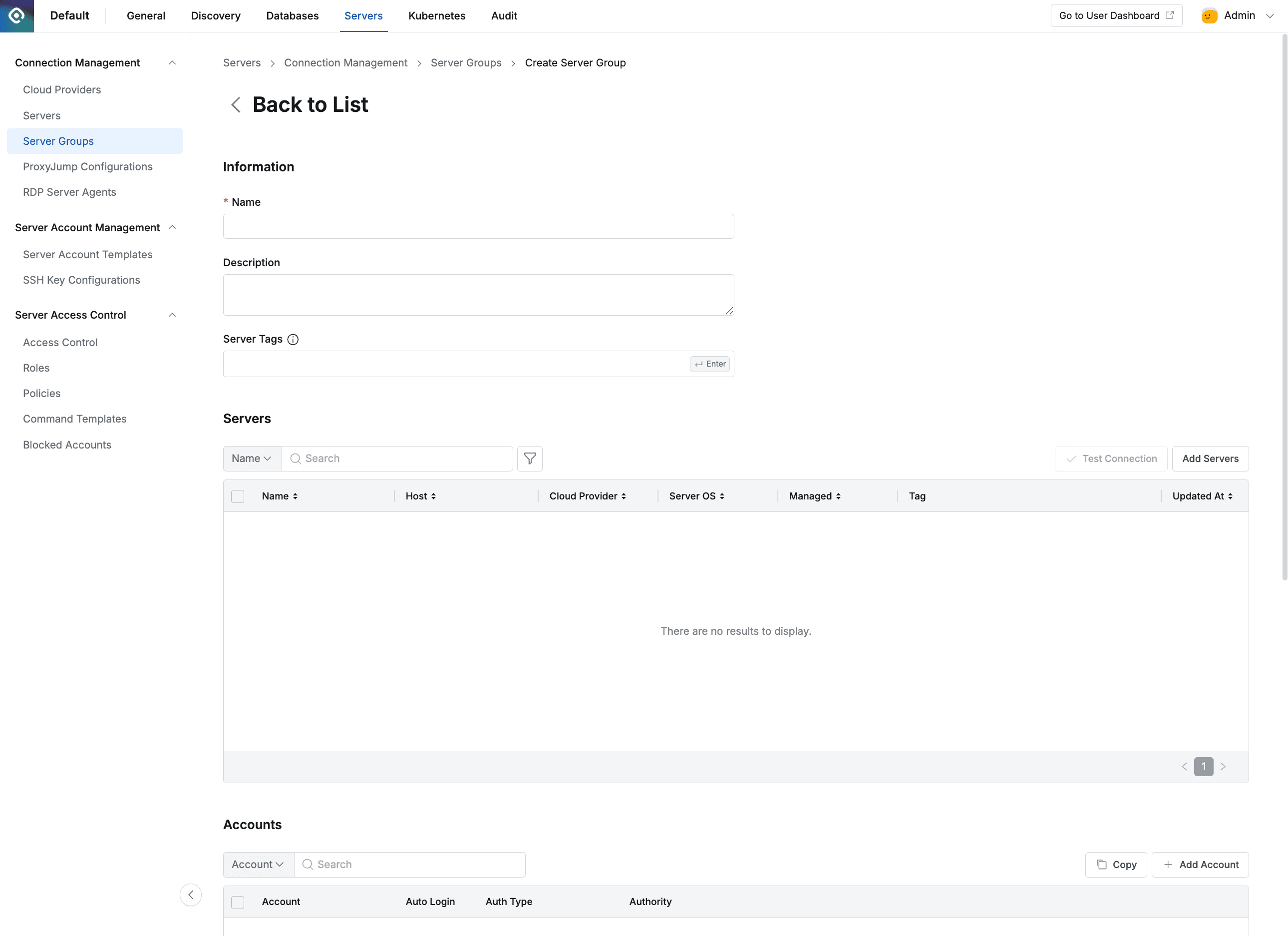 Administrator > Servers > Connection Management > Server Groups > Create Server Group