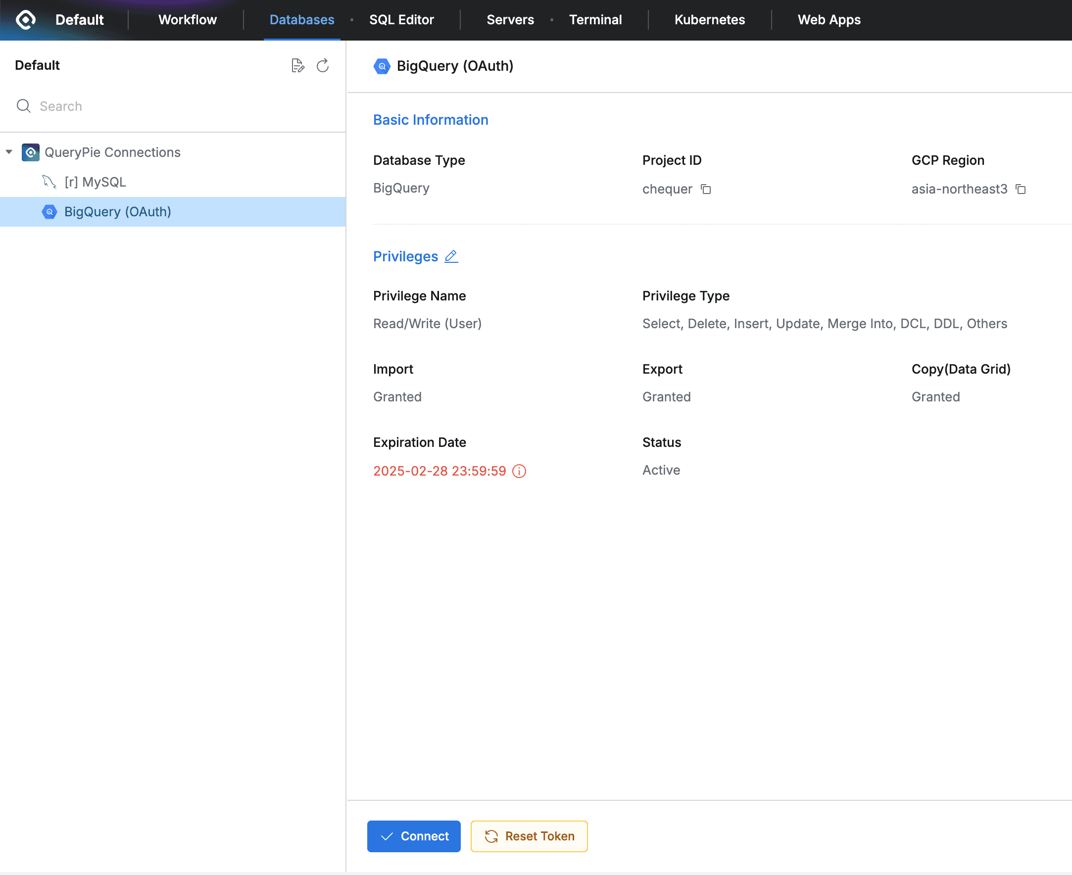 BigQuery connection shown in the connection list in the Database section of the user page
