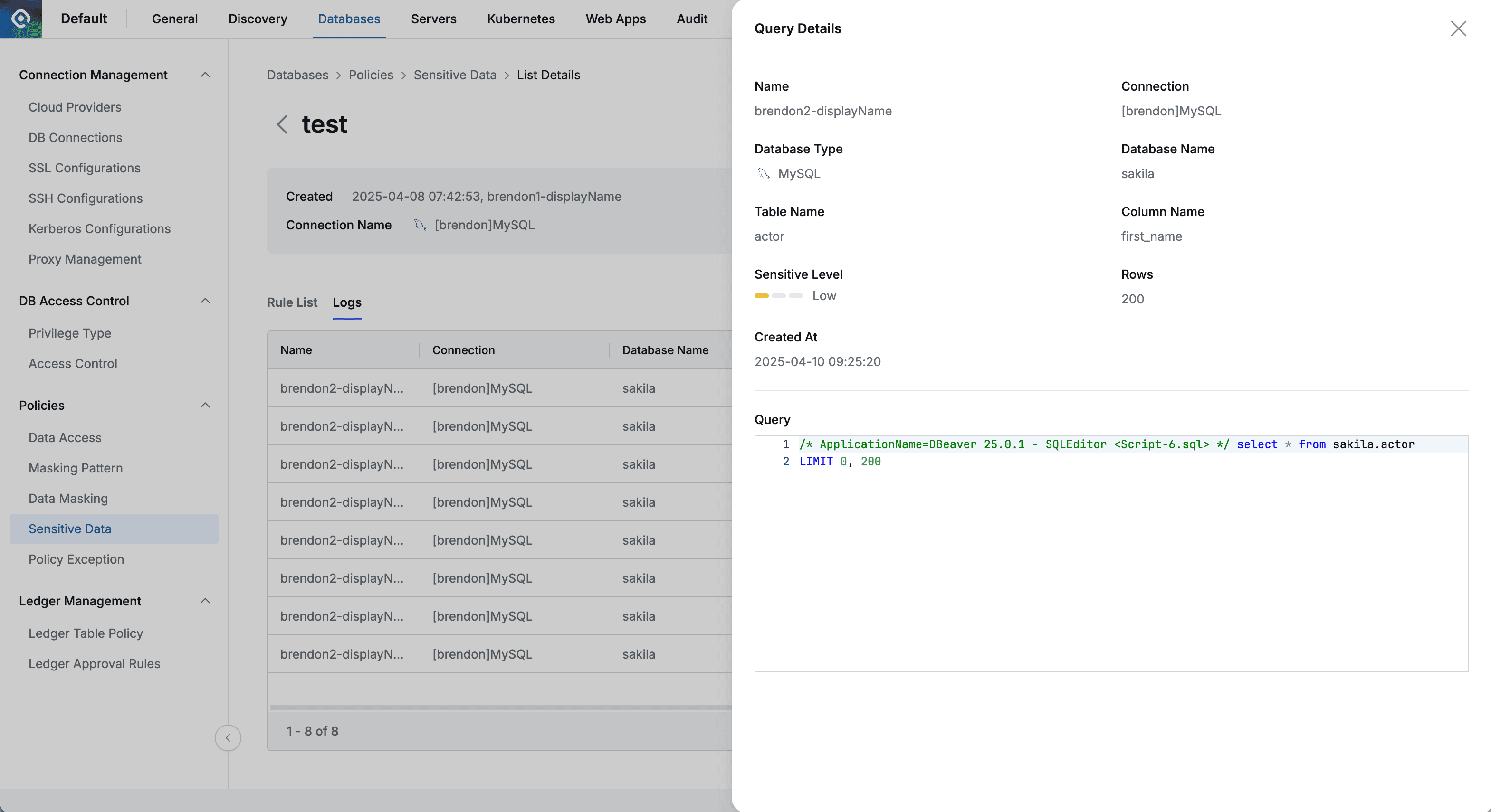 Sensitive Data Log Query Content Display