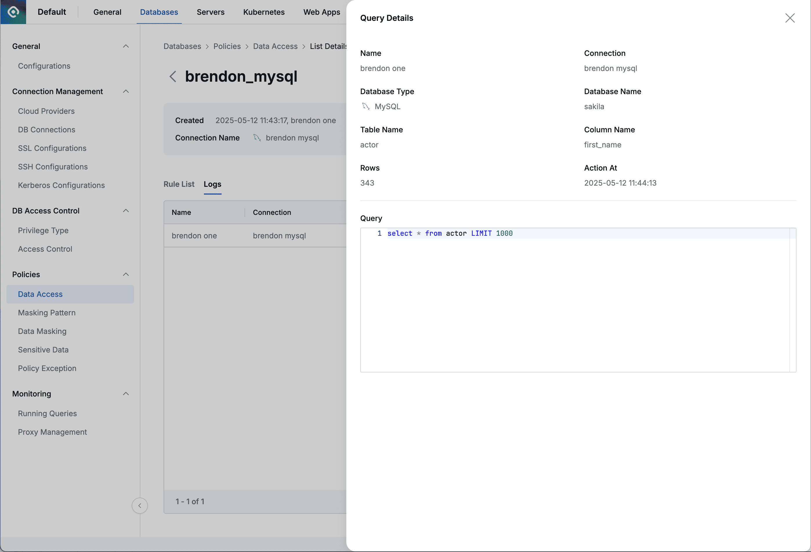 Checking query content in detailed log view