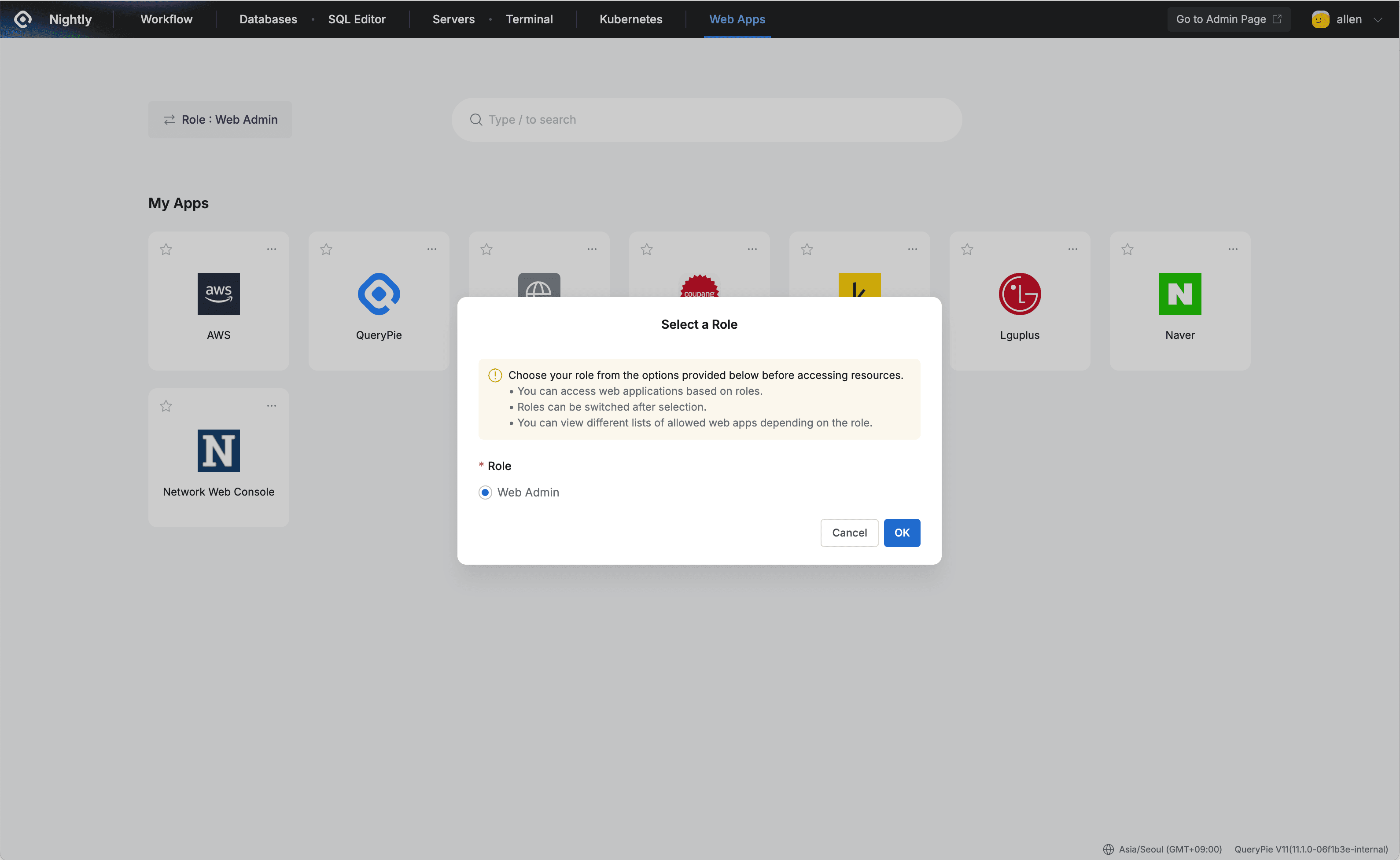 QueryPie Web > Web Access Control > Web Apps > Select a Role