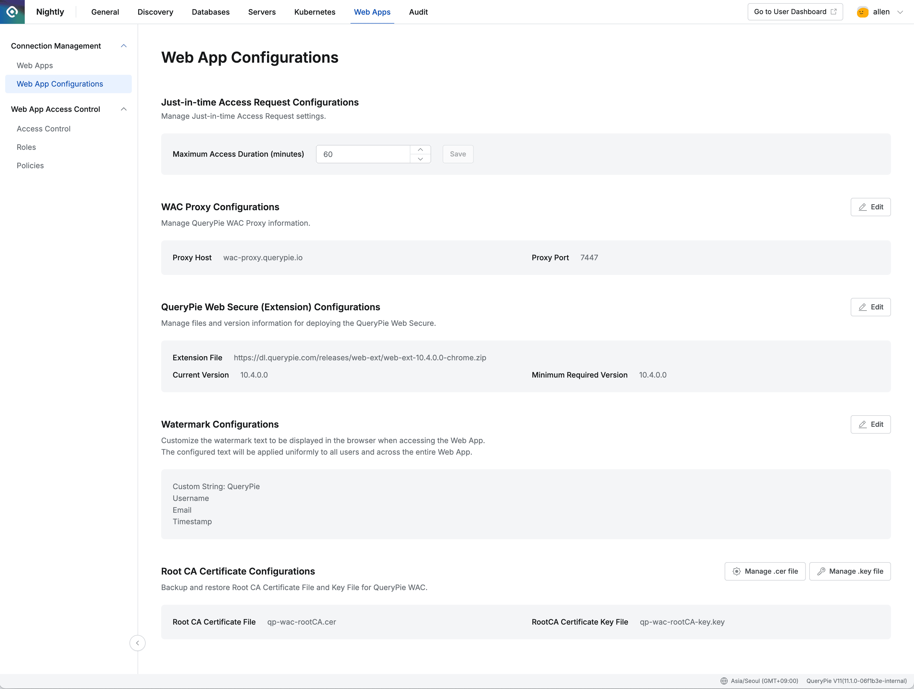 Administrator > Web Apps > Connection Management > Web App Configurations