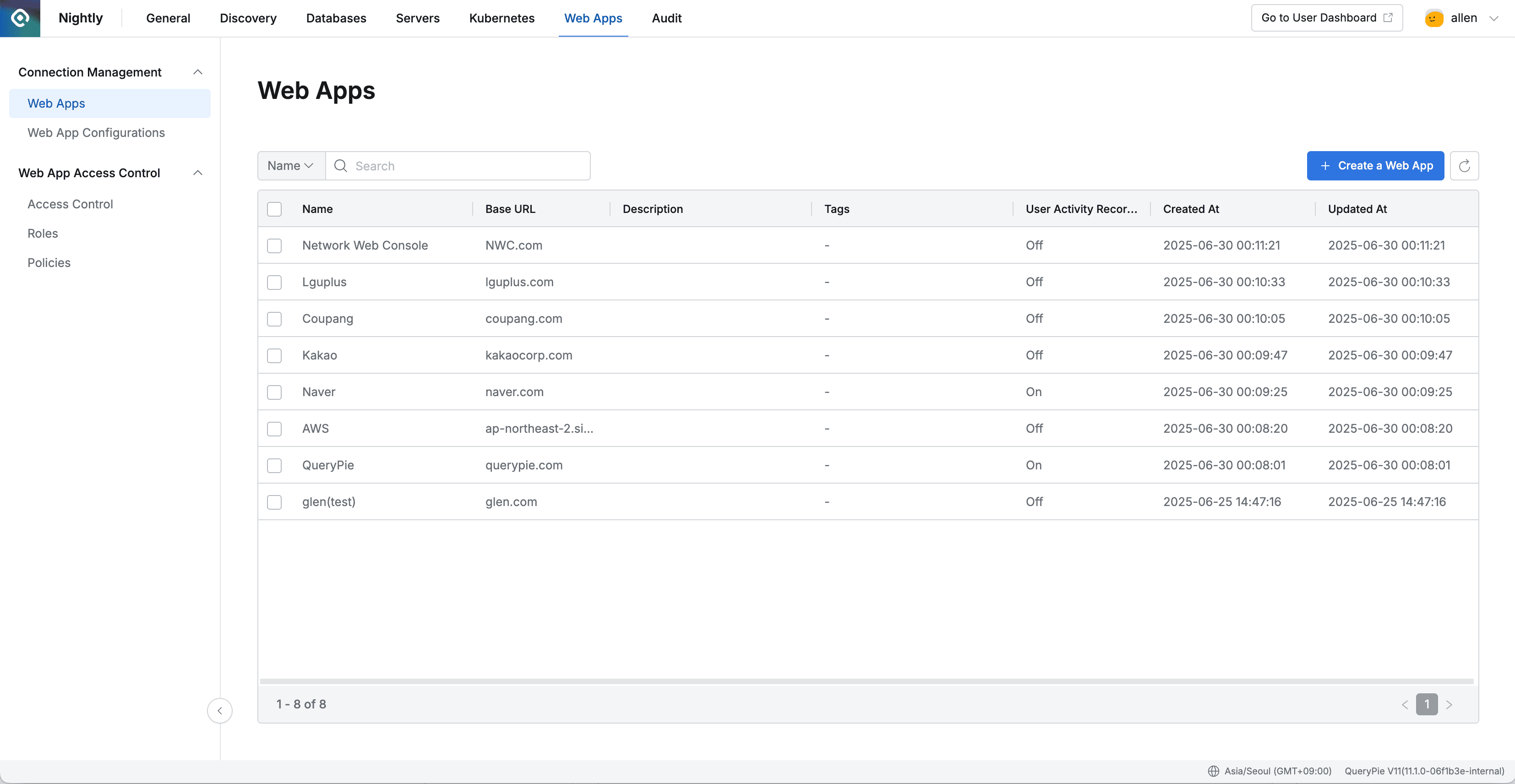 Administrator > Web Apps > Connection Management > Web Apps