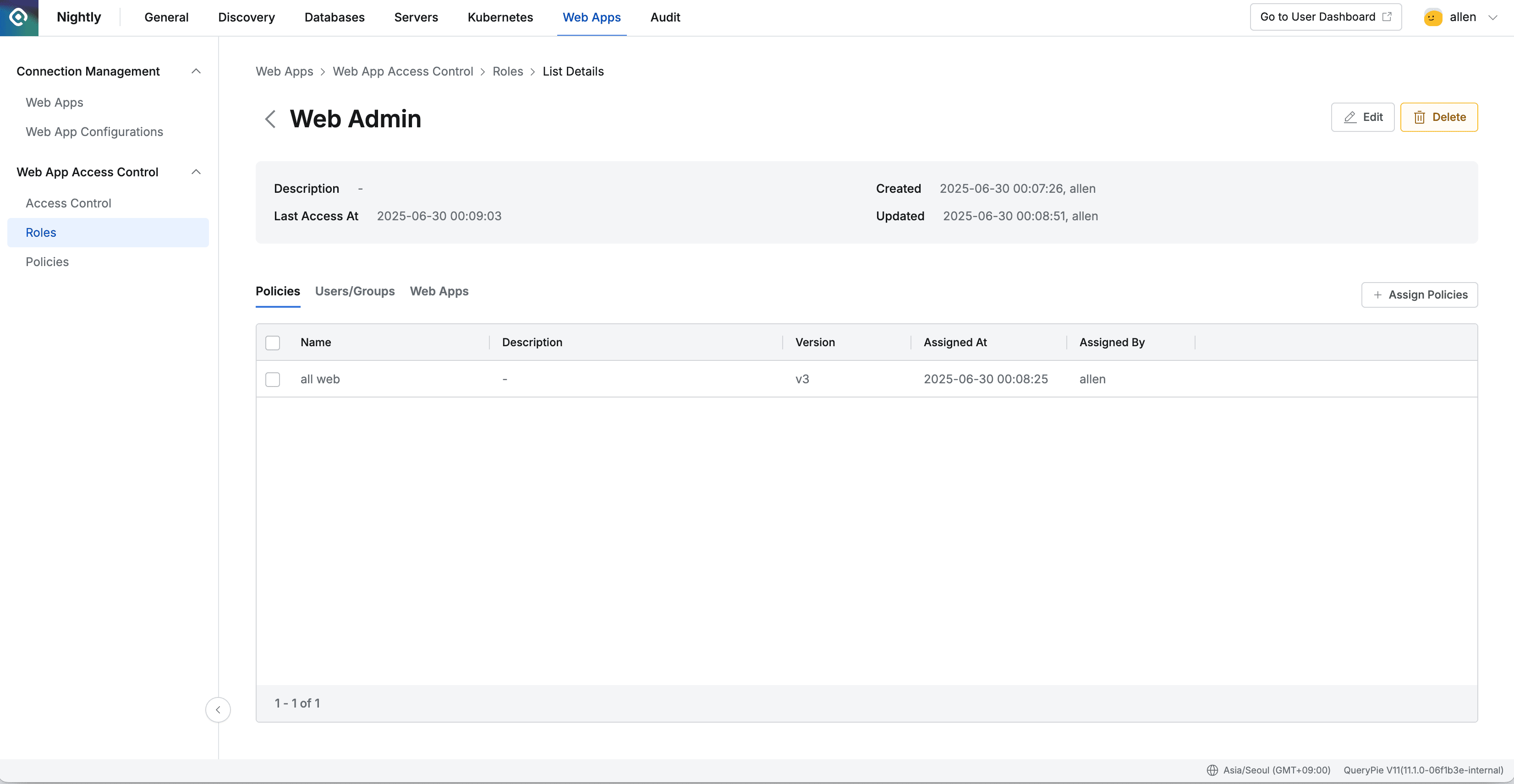 Administrator > Web Apps > Web App Access Control > Roles > List Details