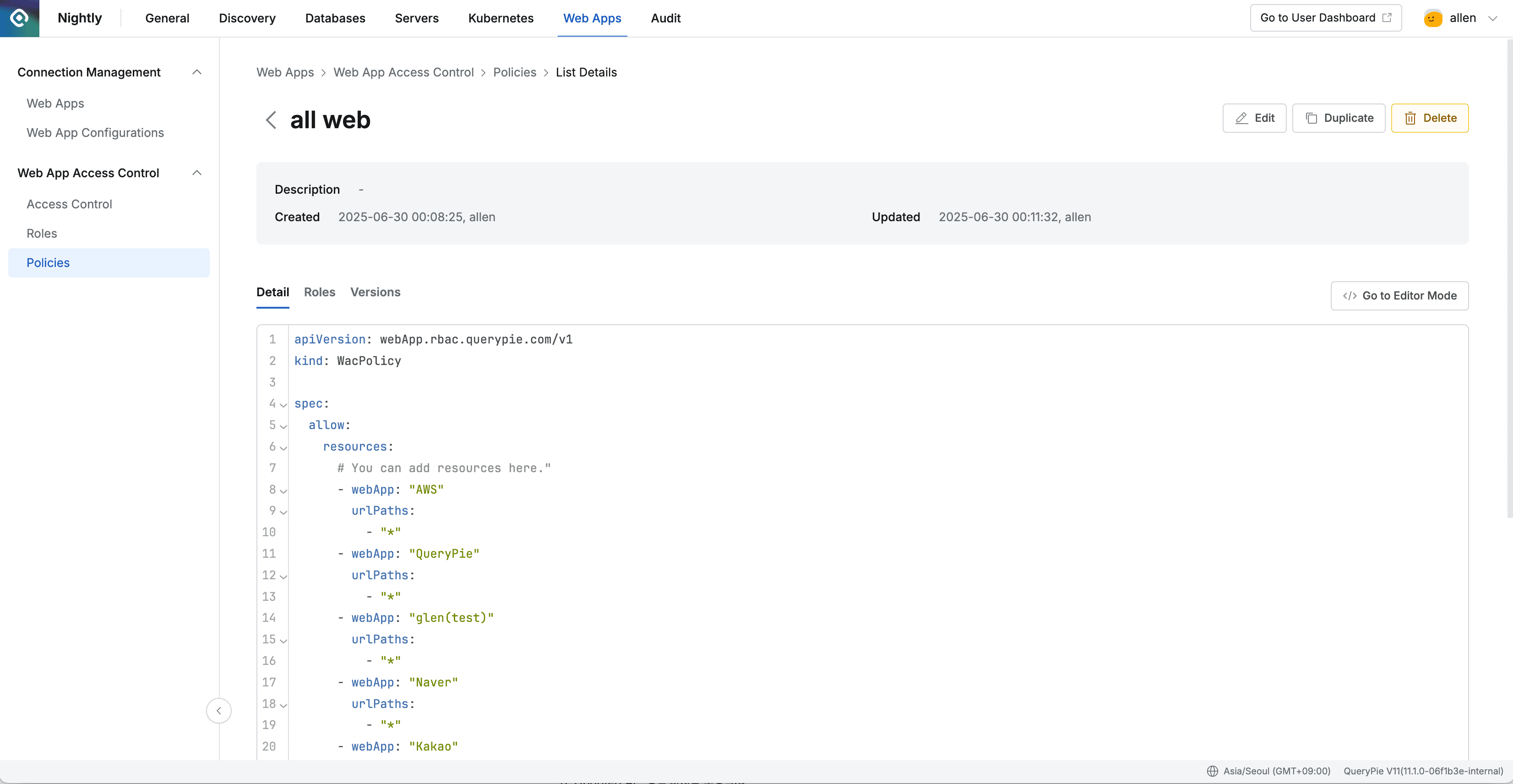 Administrator > Web Apps > Web App Access Control > Policies > List Details