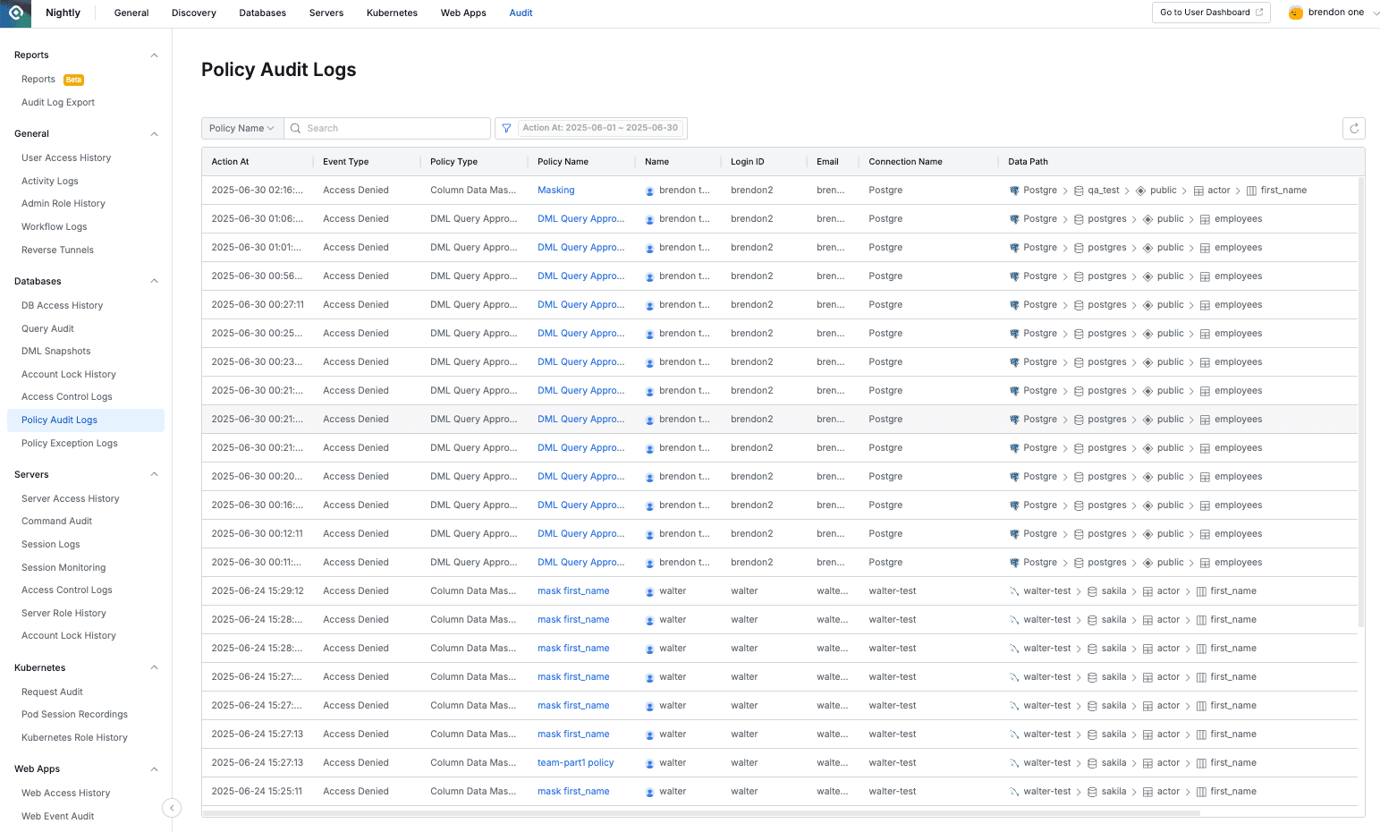 Audit > Databases > Policy Audit Logs