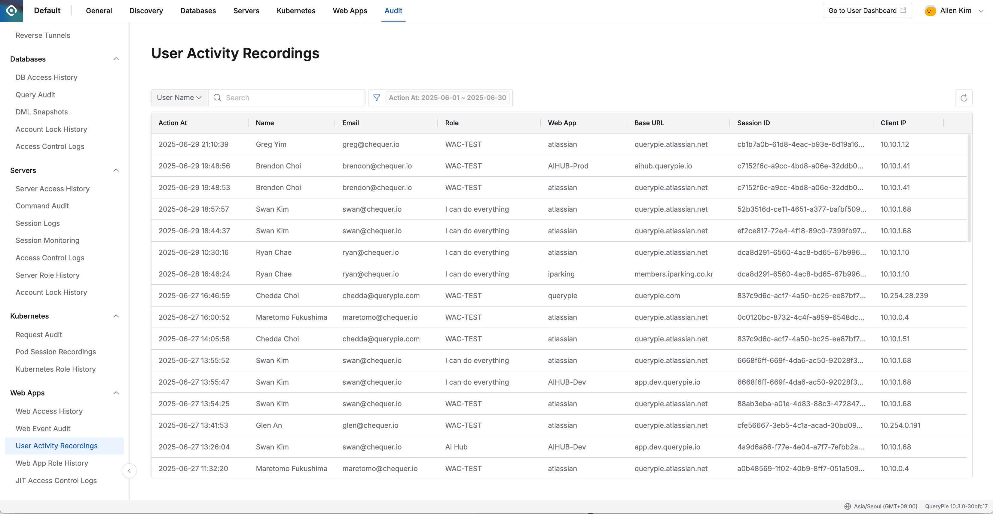 Administrator > Audit > Web Apps > User Activity Recordings